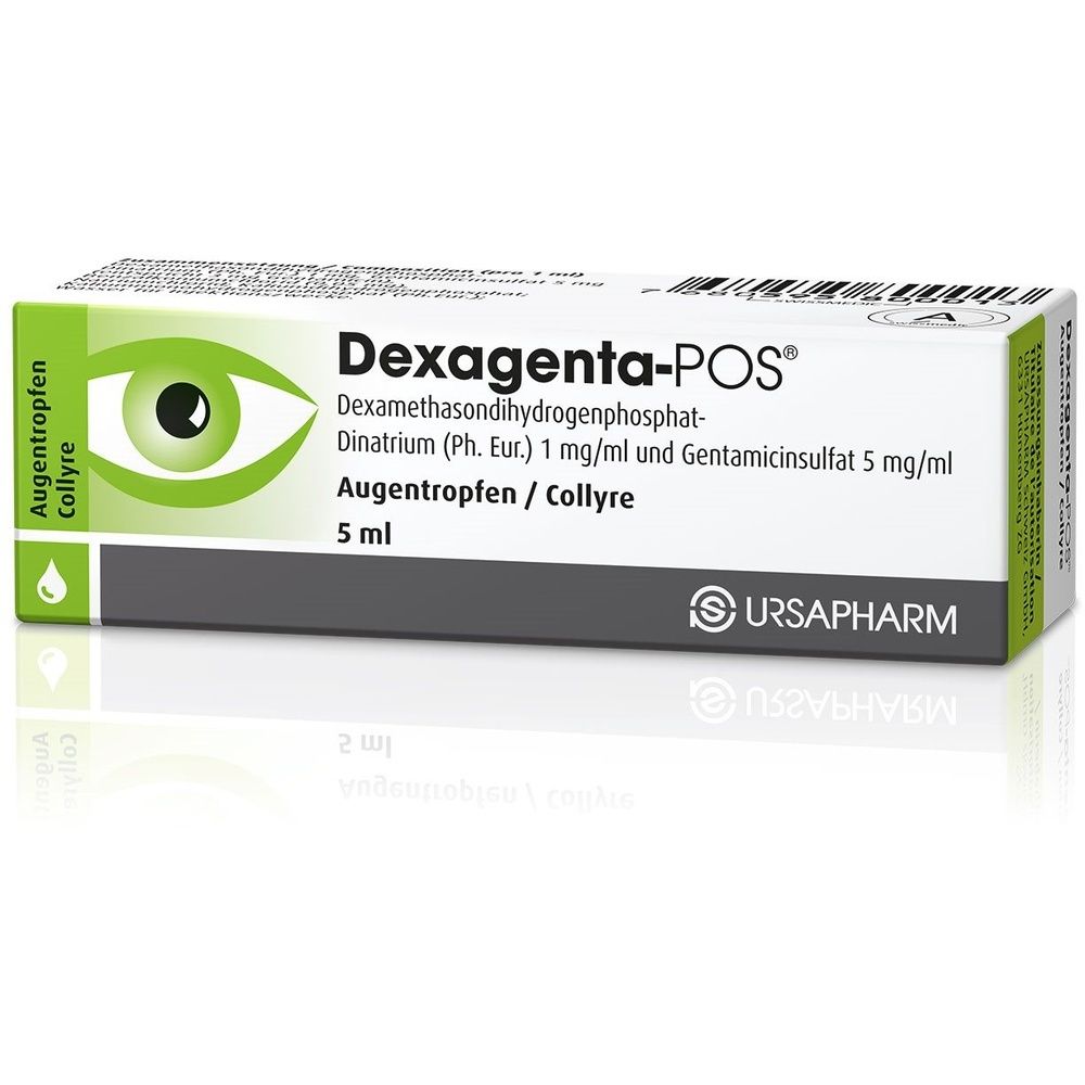 Kartonverpackung mit Produktbezeichnung und Logo. Grün-weiße Farbgebung. Aufschrift: Dexagenta-POS Gtt Opht.