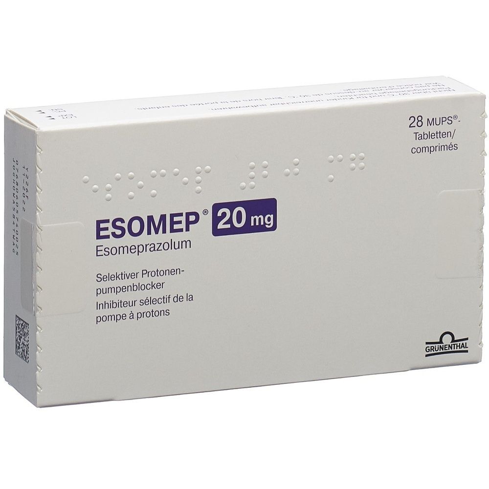 Boîte rectangulaire blanche avec informations produit. Inscription: ESOMEP MUPS Tabl 20 mg. 28 Stk.