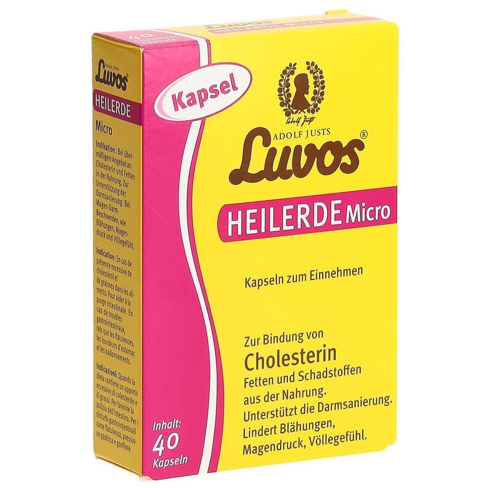 Luvos Heilerde Micro Kapseln: Gelbe Packung mit pinken Akzenten, 40 Kapseln.