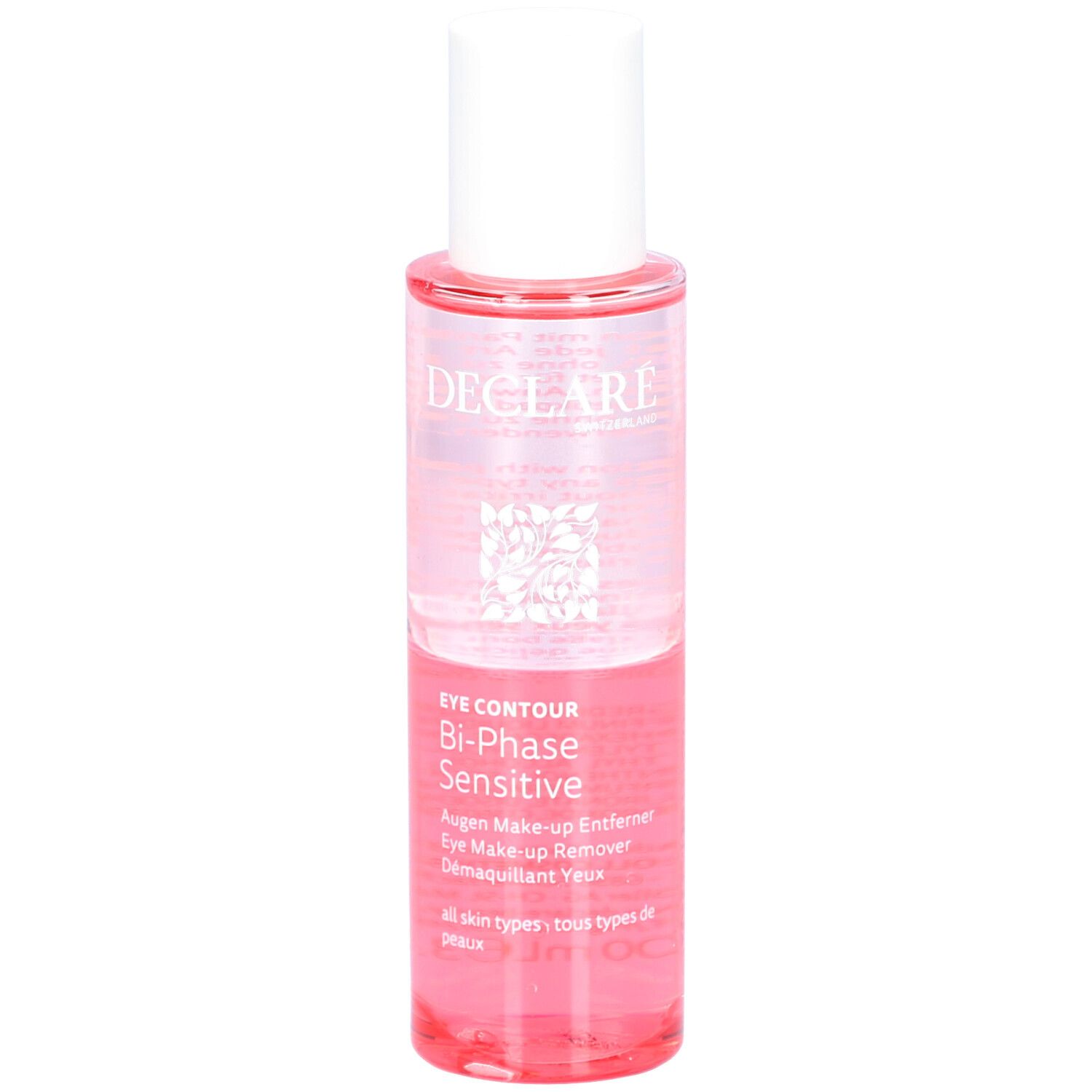 Démaquillant yeux biphasé. Flacon transparent avec liquide rose. Bouchon blanc. Marque Declare.