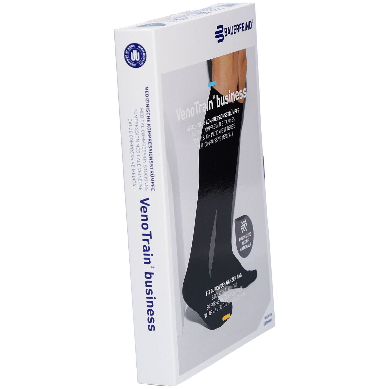 Boîte de bas de compression noirs. Marque: BAUERFEIND VenoTrain business. Inscription: Bas de compression médicale. Vue oblique.