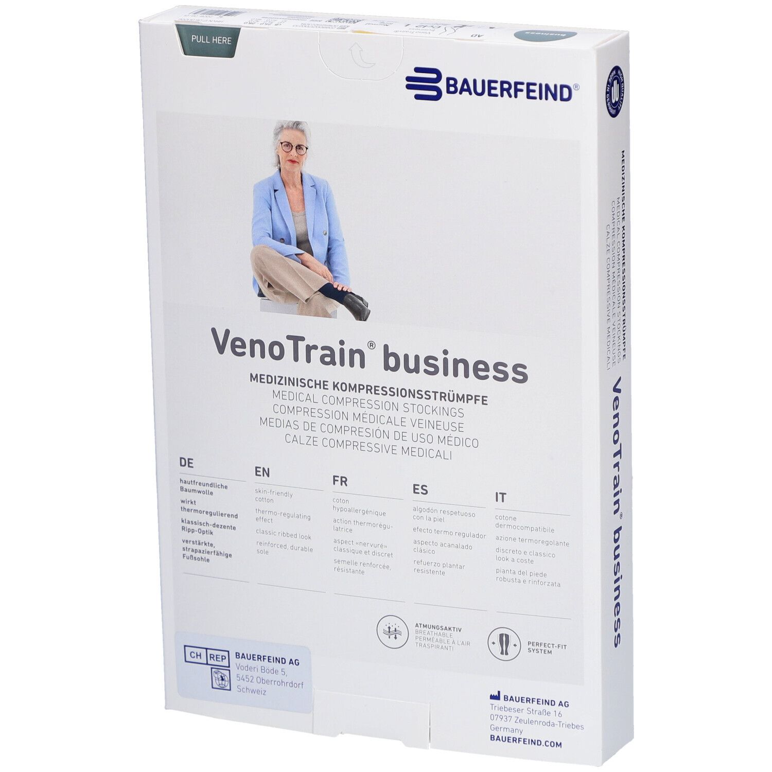 Dos de la boîte de bas de compression. Marque: BAUERFEIND VenoTrain business. Informations multilingues sur le produit.