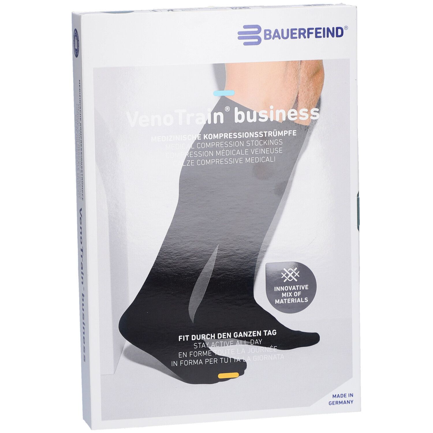 Boîte de bas de compression noirs. Pied fermé. Marque: BAUERFEIND VenoTrain business. Inscription: "Fit durch den ganzen Tag".