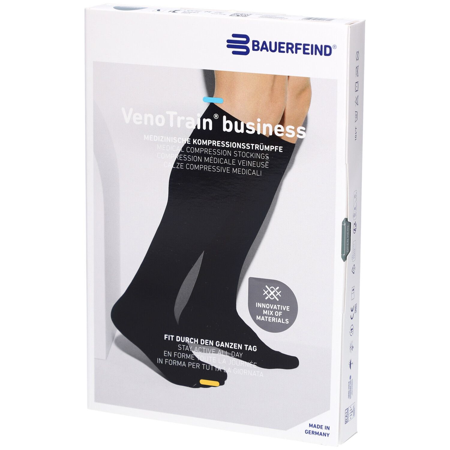 Bas de compression noirs dans un emballage. Marque : Bauerfeind VenoTrain business. Bas de compression médicale. Pied fermé.