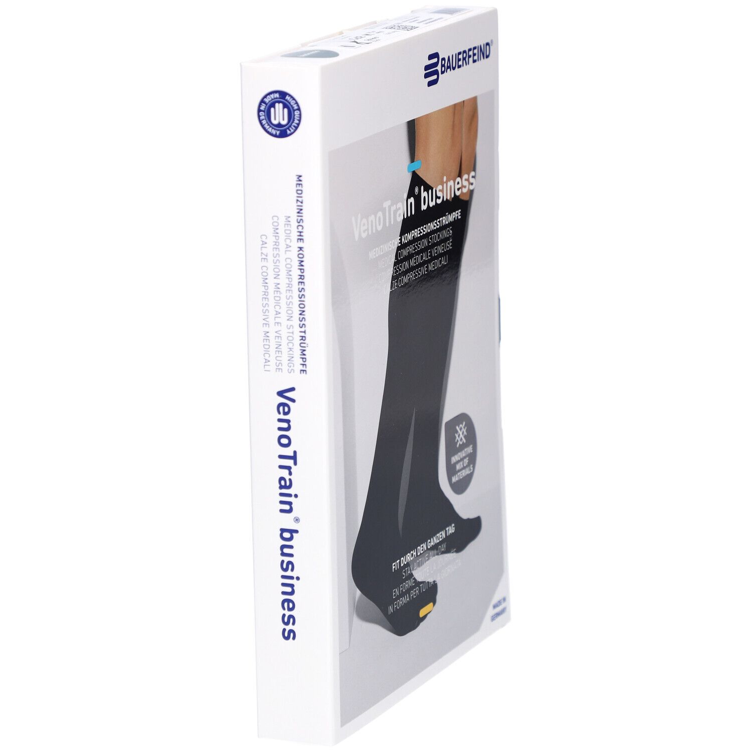 Emballage avec bas de compression noirs. Marque : Bauerfeind VenoTrain business. Bas de compression médicale. Vue latérale.