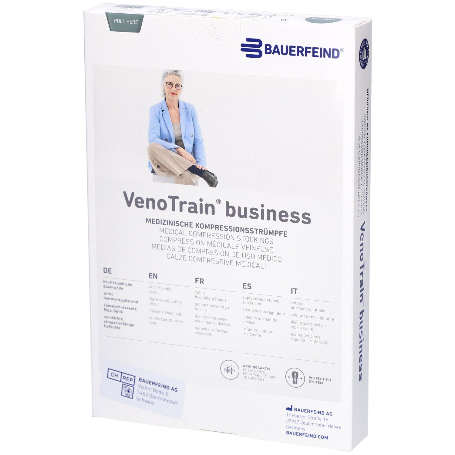 Dos de l'emballage avec bas de compression. Marque : Bauerfeind VenoTrain business. Informations produit multilingues.