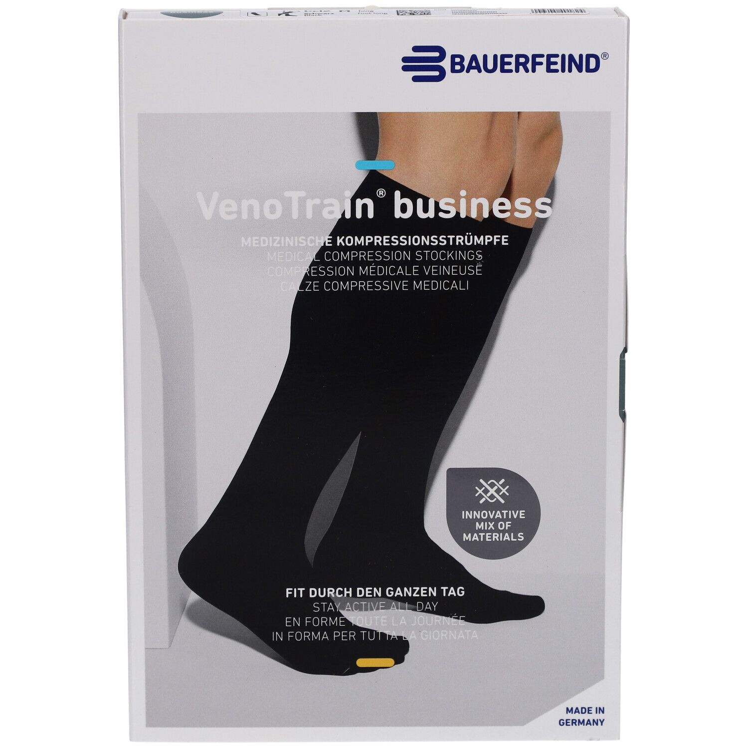 Emballage avec bas de compression noirs. Marque : Bauerfeind VenoTrain business. Bas de compression médicale. Pied fermé.