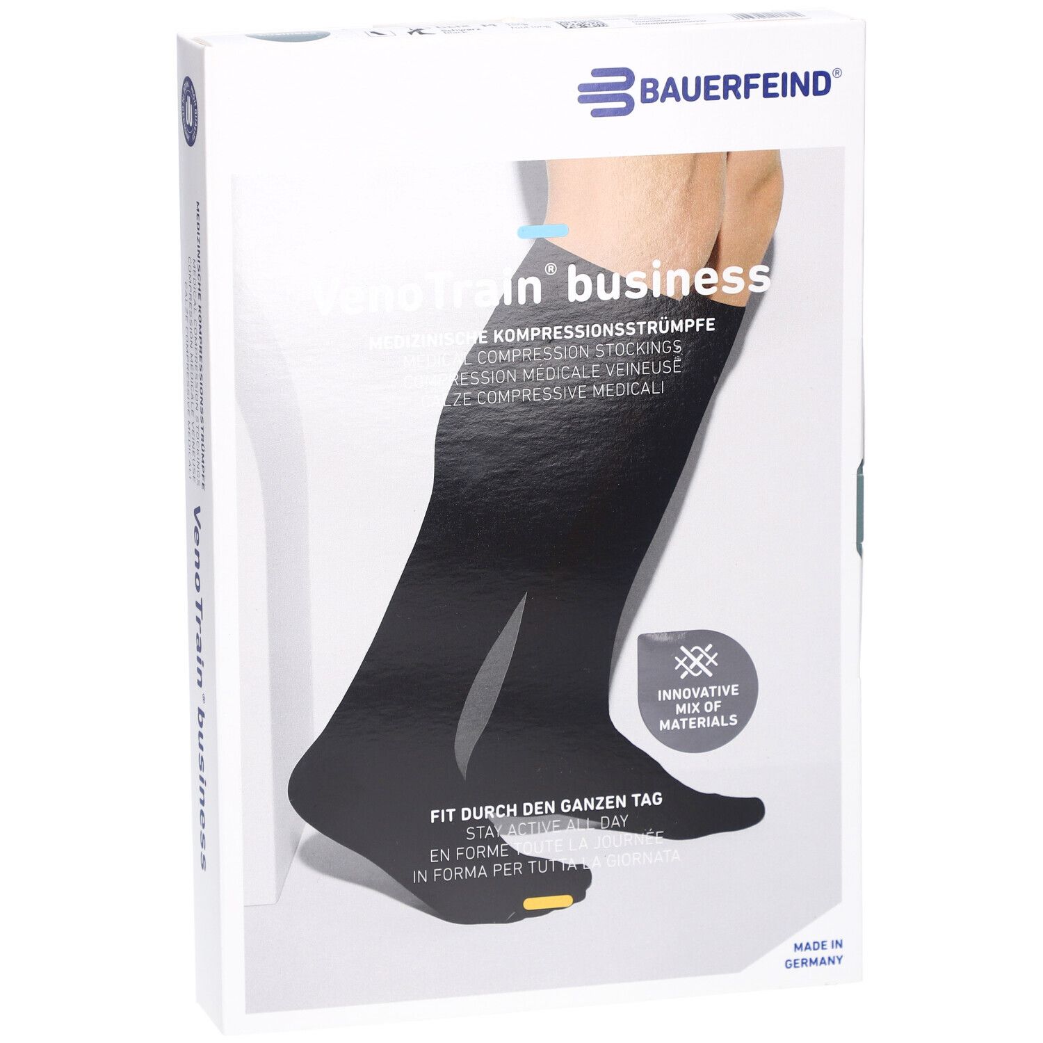 Emballage avec bas de compression noirs. Marque : Bauerfeind VenoTrain business. Bas de compression médicale. Pied fermé.