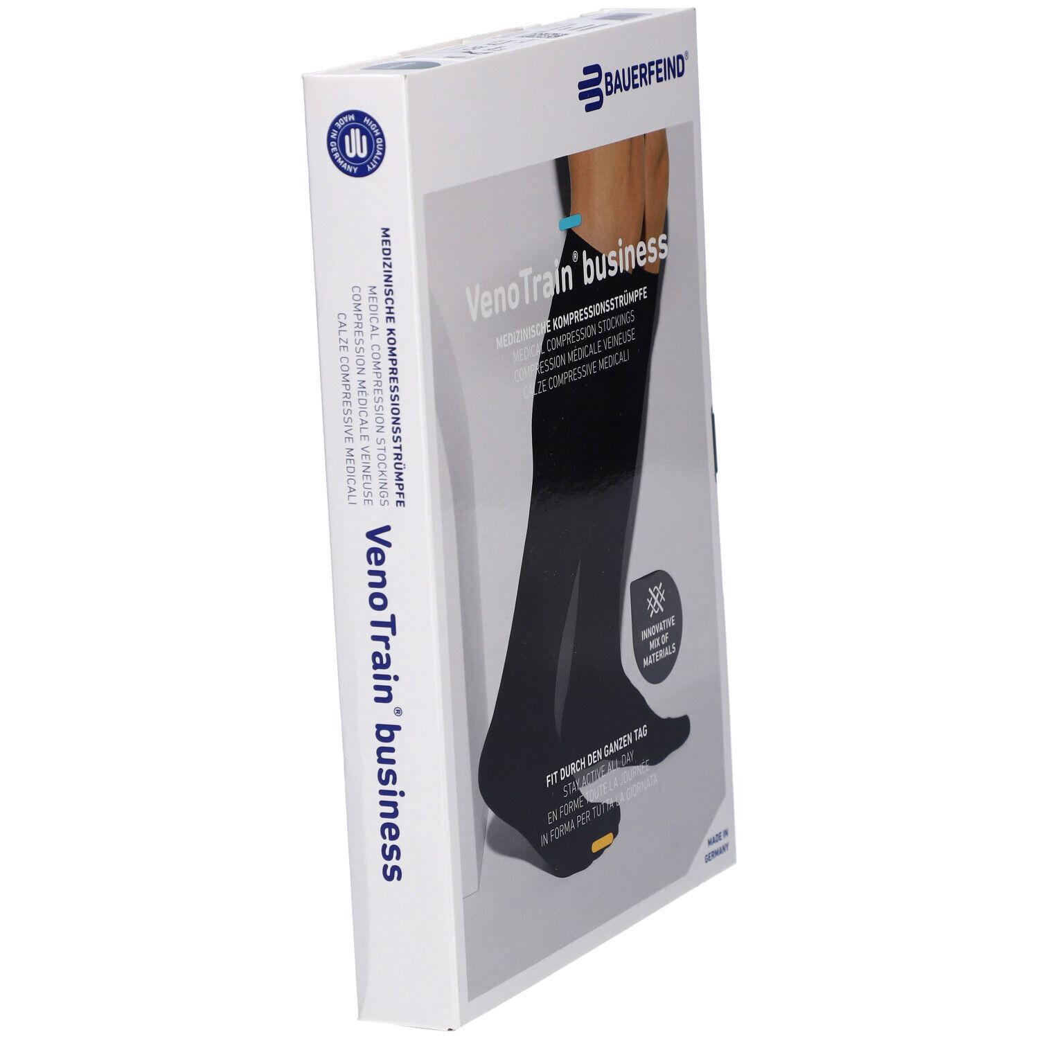 Emballage avec bas de compression noirs. Marque : Bauerfeind. Inscription : VenoTrain business. Bas de compression médicale.