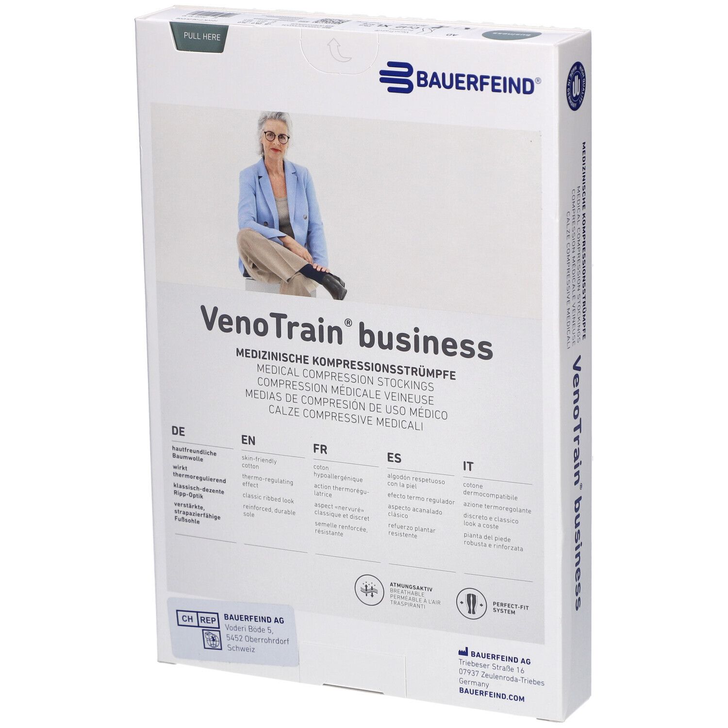 Emballage avec bas de compression. Marque : Bauerfeind. Inscription : VenoTrain business. Bas de compression médicale. Femme.