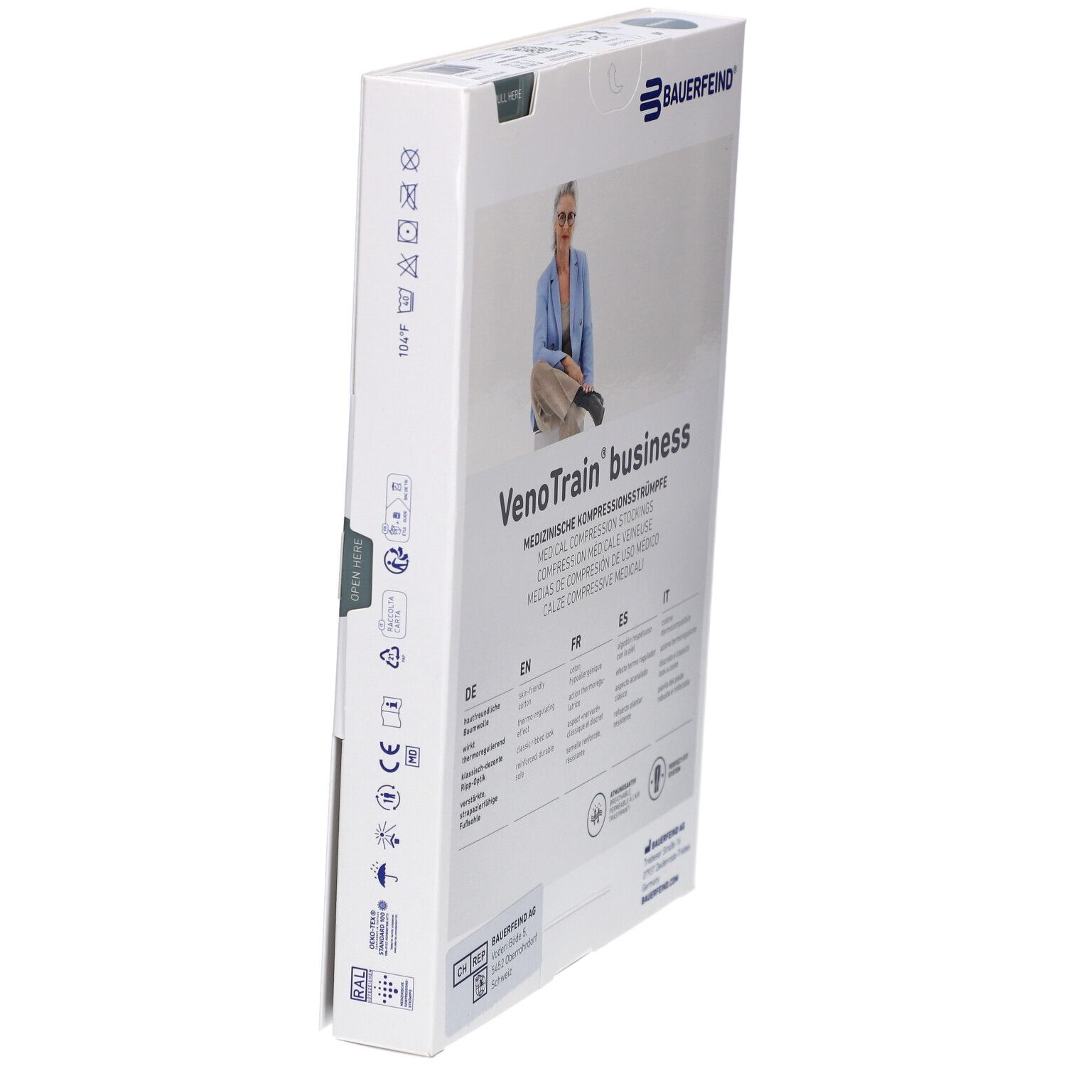 Emballage avec bas de compression. Marque : Bauerfeind. Inscription : VenoTrain business. Bas de compression médicale. Femme.