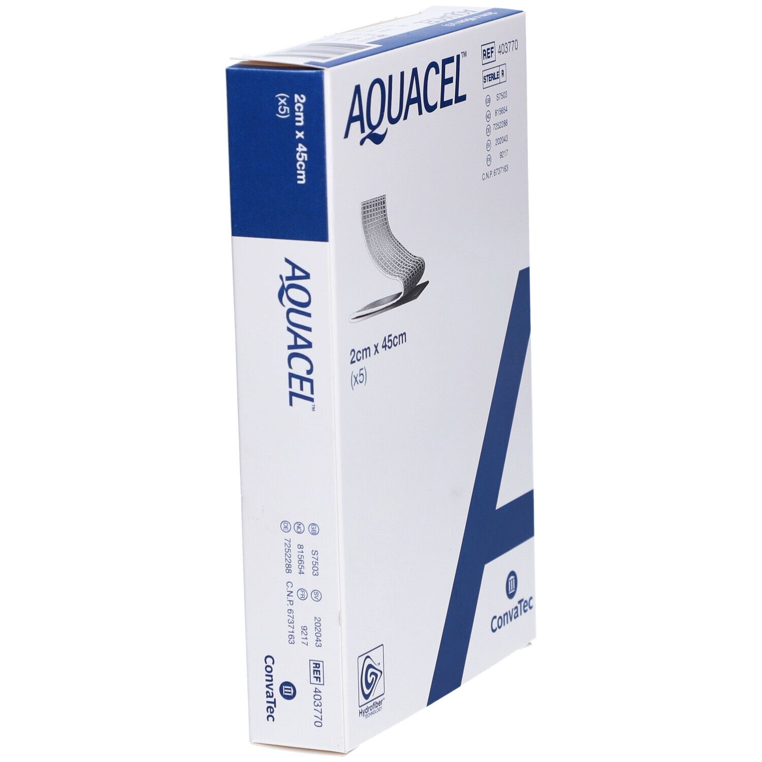 Verpackung von Aquacel Hydrofiber-Pflaster. Größe: 2 cm x 45 cm. Marke und Logo sichtbar. Seitenansicht.