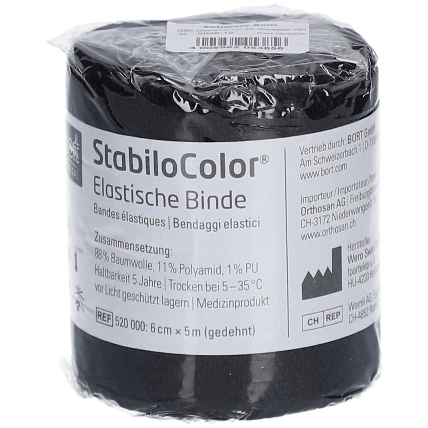 Schwarze, elastische Binde in Folie verpackt. Auf dem Etikett: StabiloColor, elastische Binde, Zusammensetzung, REF 520 000: 6 cm x 5 m.