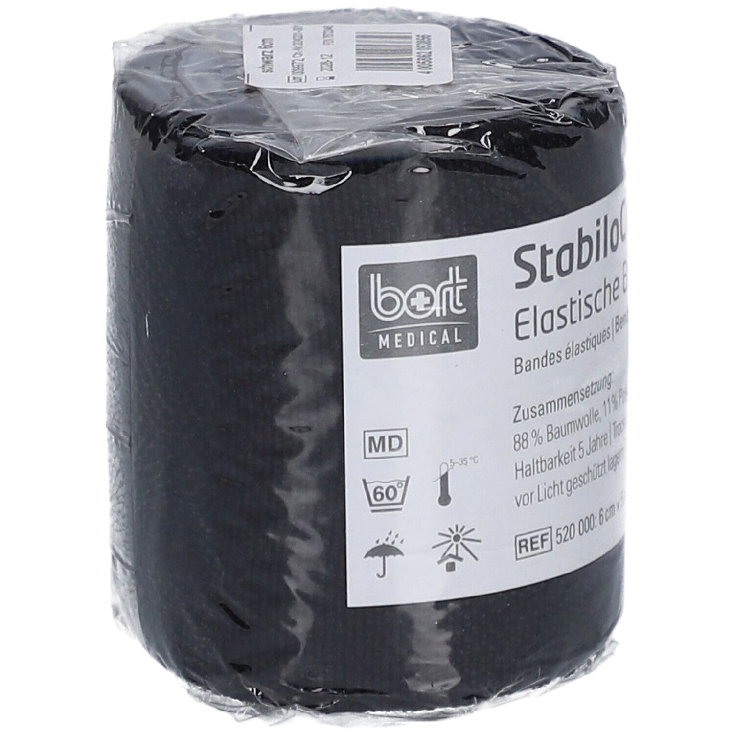 Schwarze, elastische Binde in Folie verpackt. Auf dem Etikett: bort MEDICAL, MD, 60°, StabiloColor, elastische Binde, REF 520 000: 6 cm x 5 m.