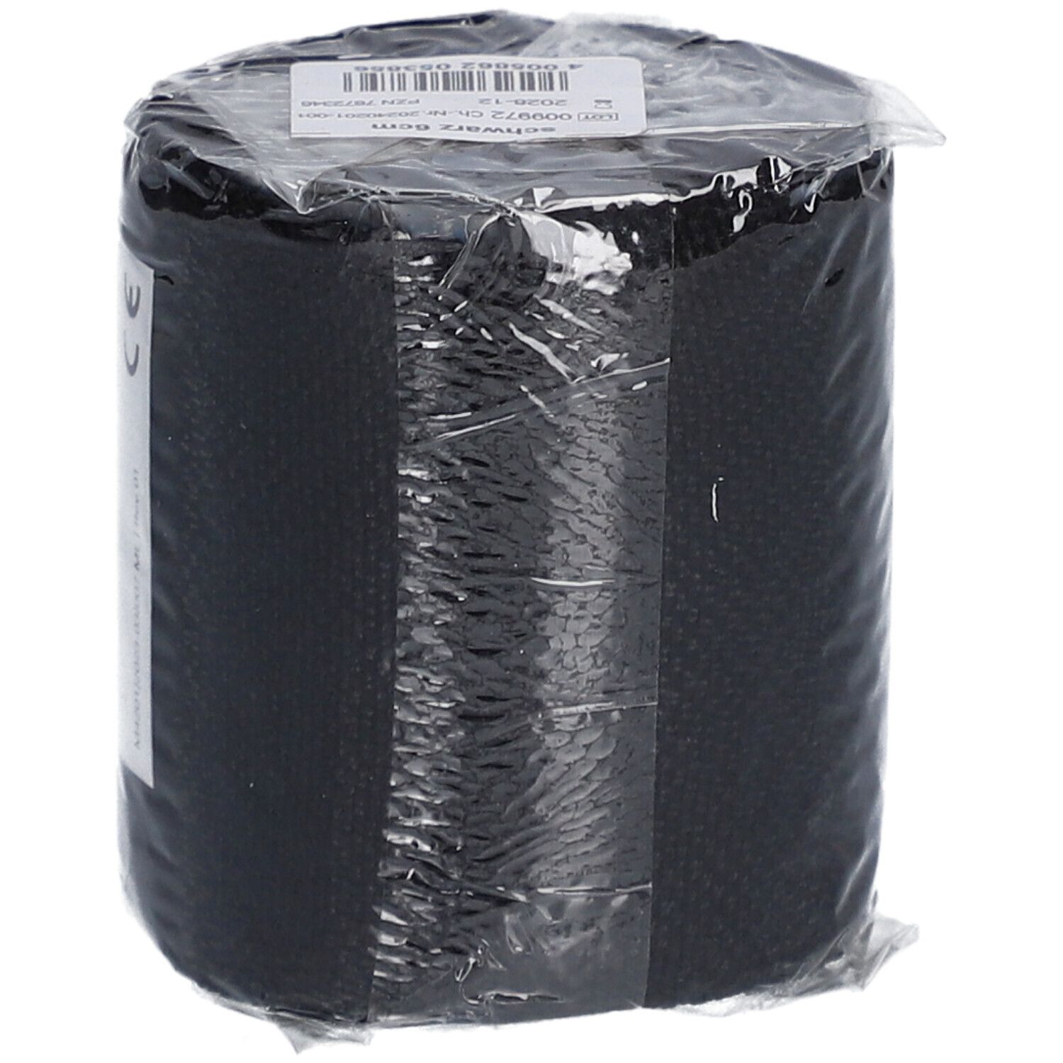 Schwarze, elastische Binde in Folie verpackt. Auf der Verpackung: Schwarz 6 cm.