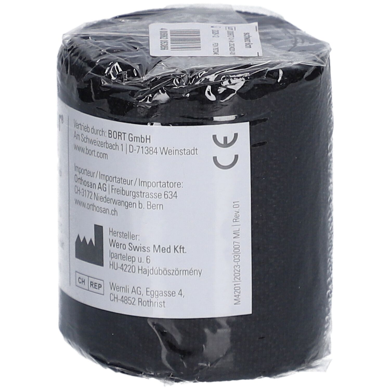 Schwarze, elastische Binde in Folie verpackt. Auf dem Etikett: BORT GmbH, CE-Zeichen, Herstelleradresse.