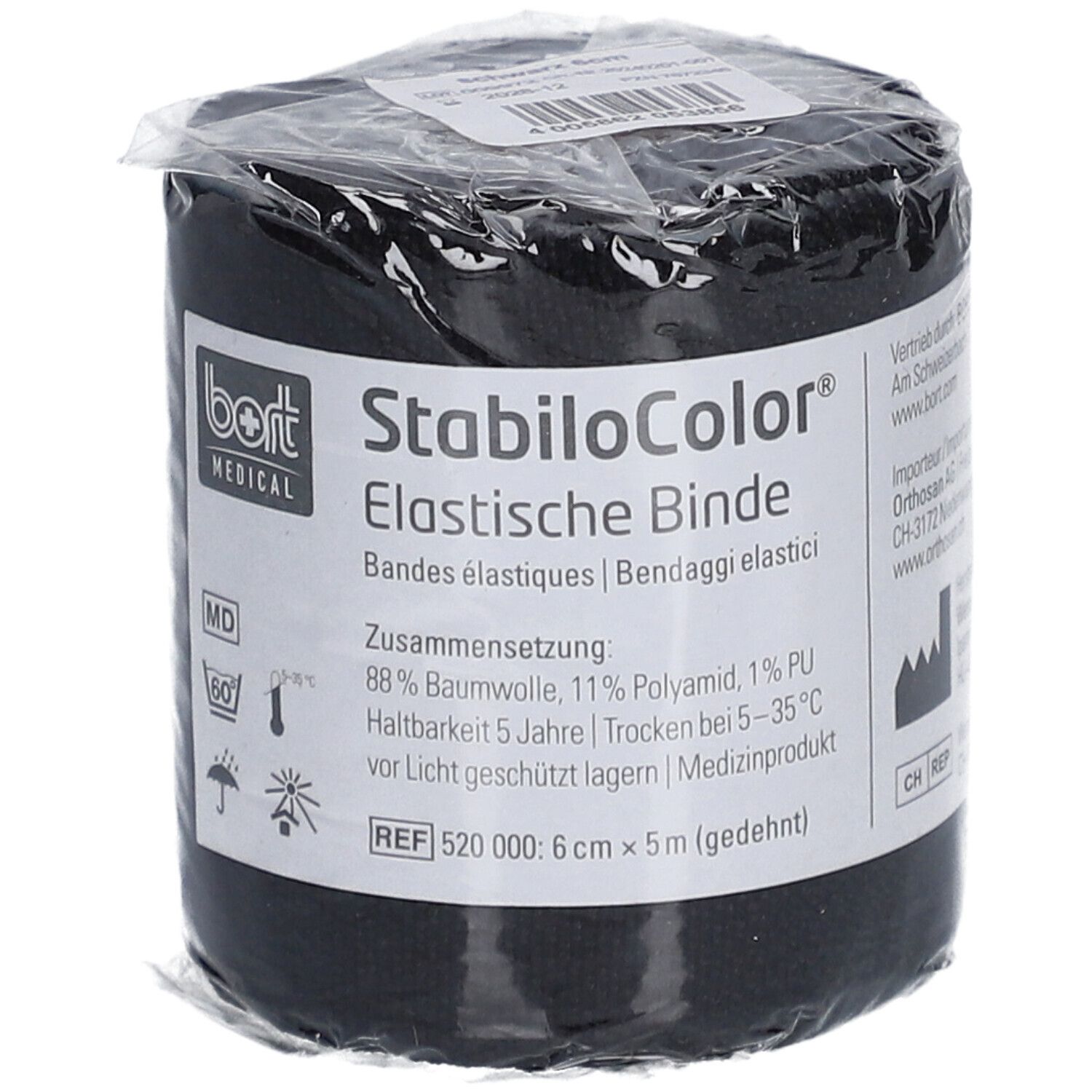 Schwarze, elastische Binde in Folie verpackt. Auf dem Etikett: bort MEDICAL, StabiloColor, elastische Binde, REF 520 000: 6 cm x 5 m.