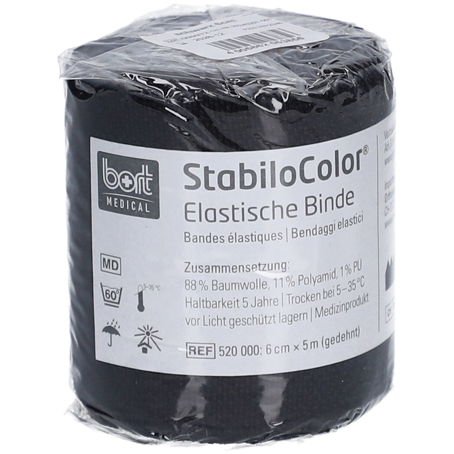 Schwarze, elastische Binde in Folie verpackt. Auf dem Etikett: bort MEDICAL, StabiloColor, elastische Binde, REF 520 000: 6 cm x 5 m.