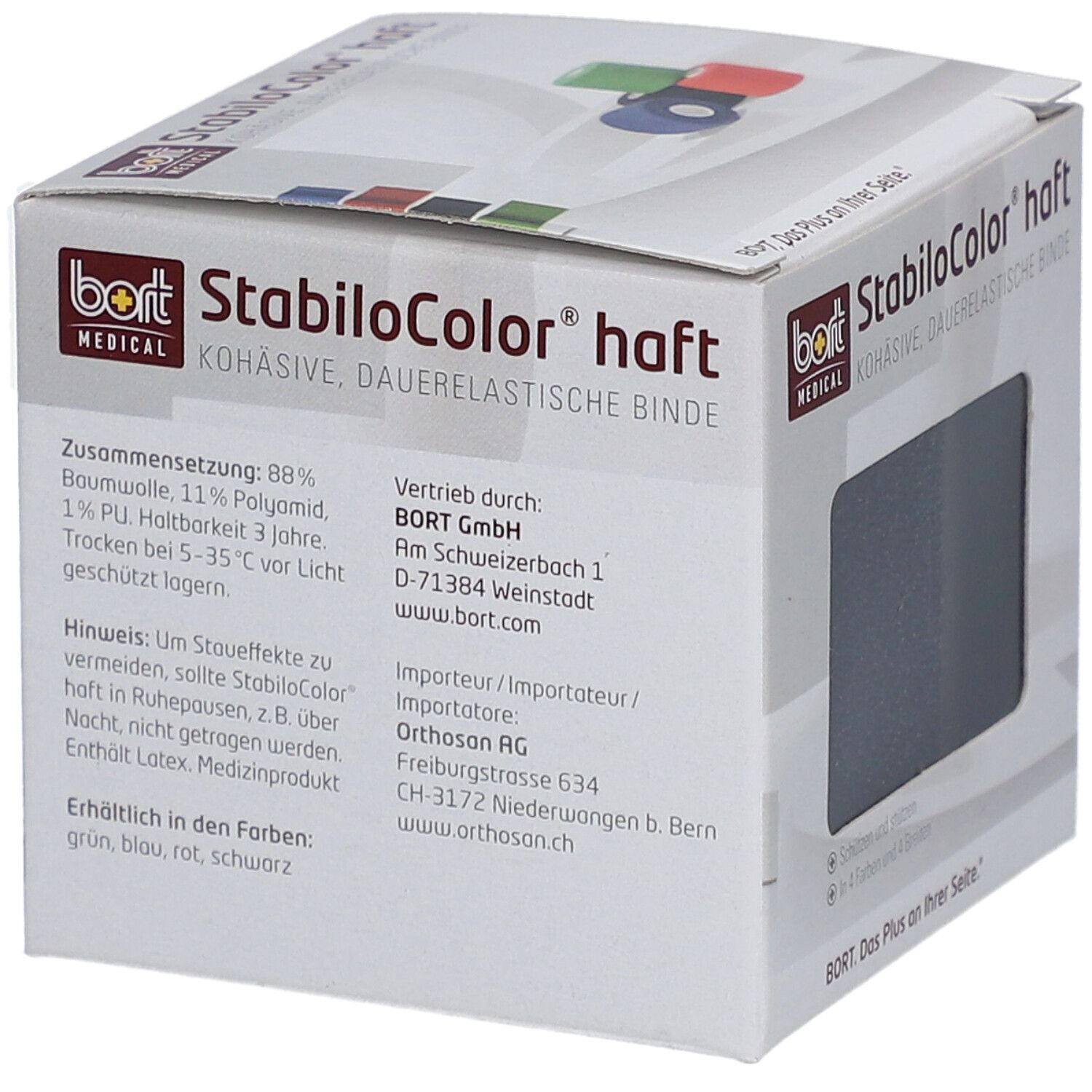 Emballage avec bandage. Inscription: StabiloColor haft. Composition: 88% coton, 11% polyamide, 1% PU. Fabricant: BORT MEDICAL.