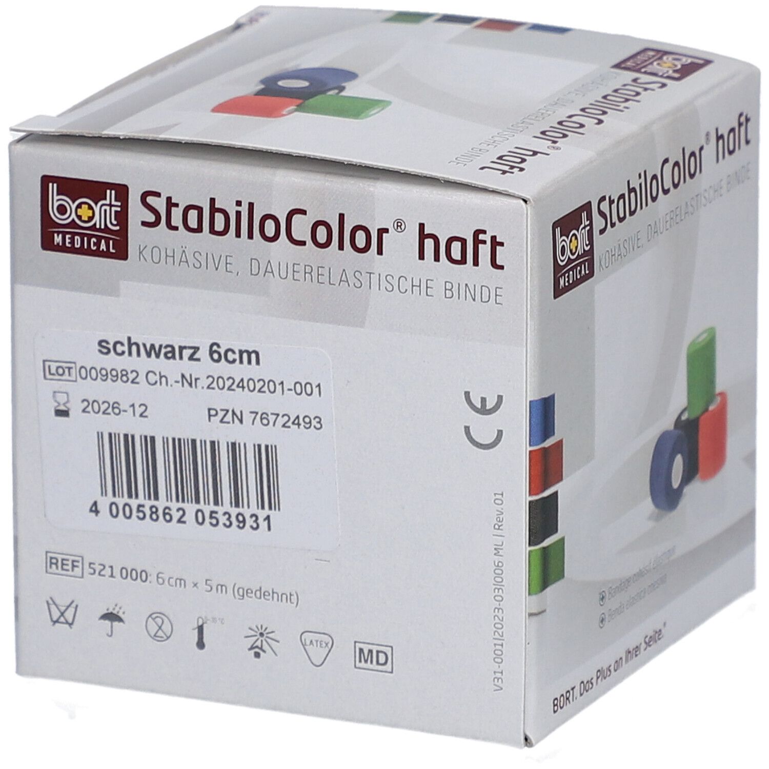 Emballage avec bandage noir. Inscription: StabiloColor haft, 6 cm. Fabricant: BORT MEDICAL. Taille: 6 cm x 5 m.
