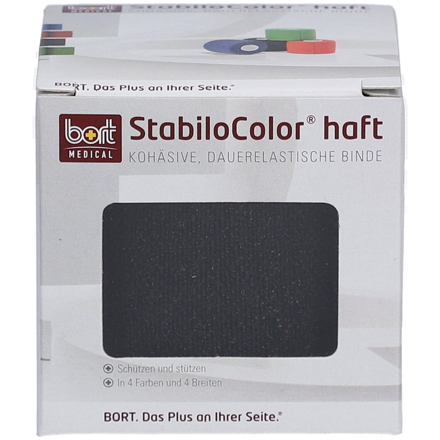 Emballage avec bandage noir. Inscription: StabiloColor haft. Fabricant: BORT MEDICAL. Bandage visible.