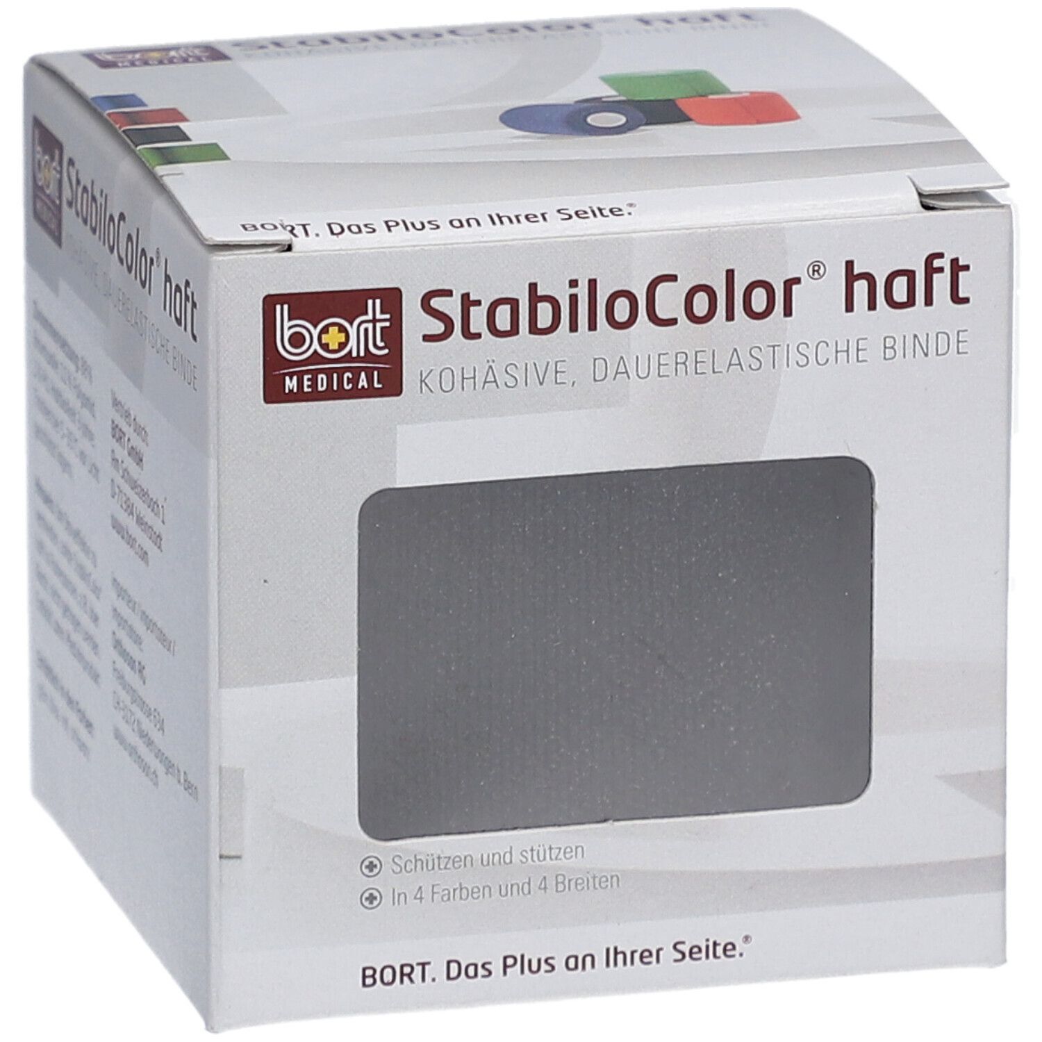 Emballage avec bandage gris. Inscription: StabiloColor haft. Fabricant: BORT MEDICAL. Bandage visible.