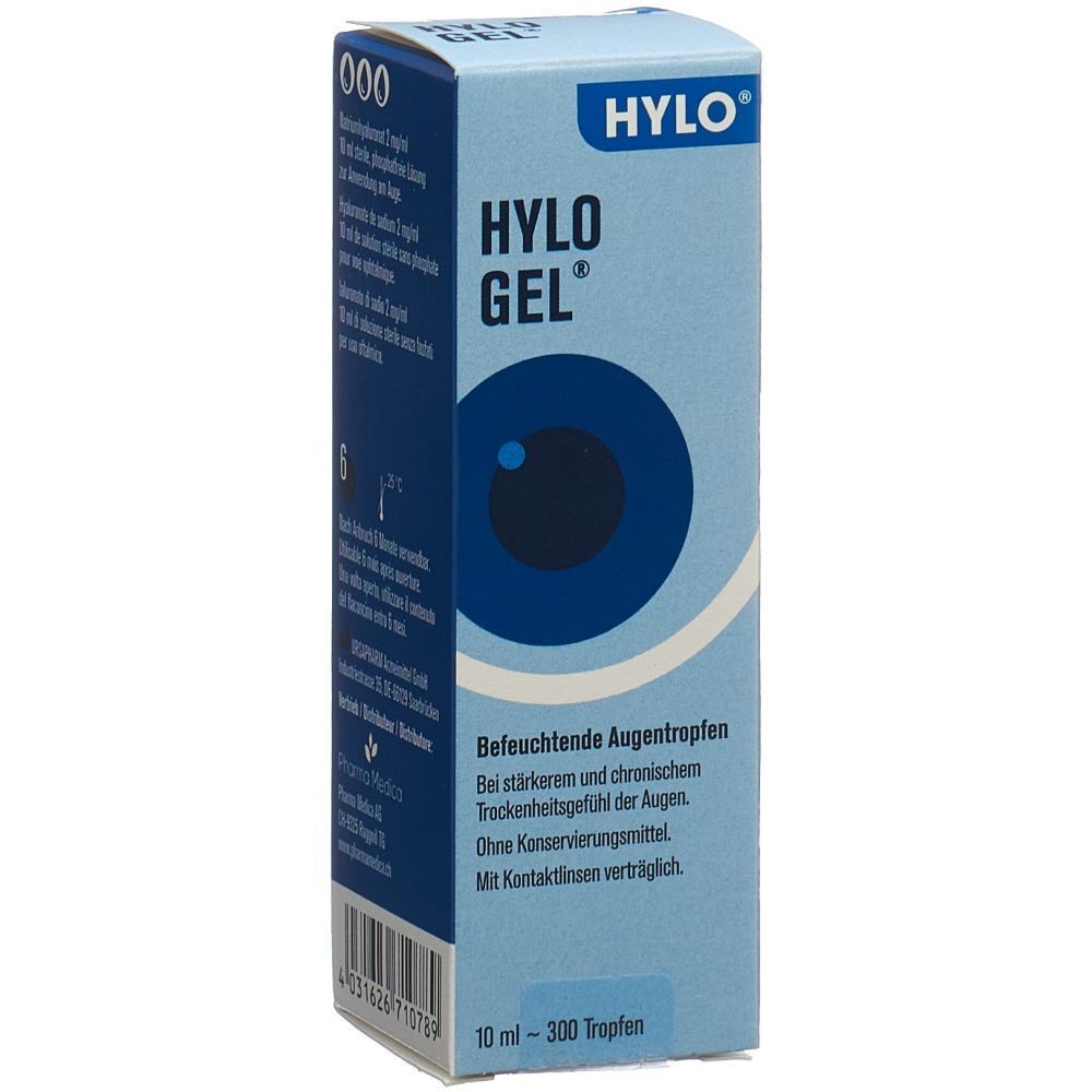 Blau-weiße Faltschachtel mit HYLO GEL-Logo und Augendarstellung. Text: Befeuchtende Augentropfen. 10 ml.