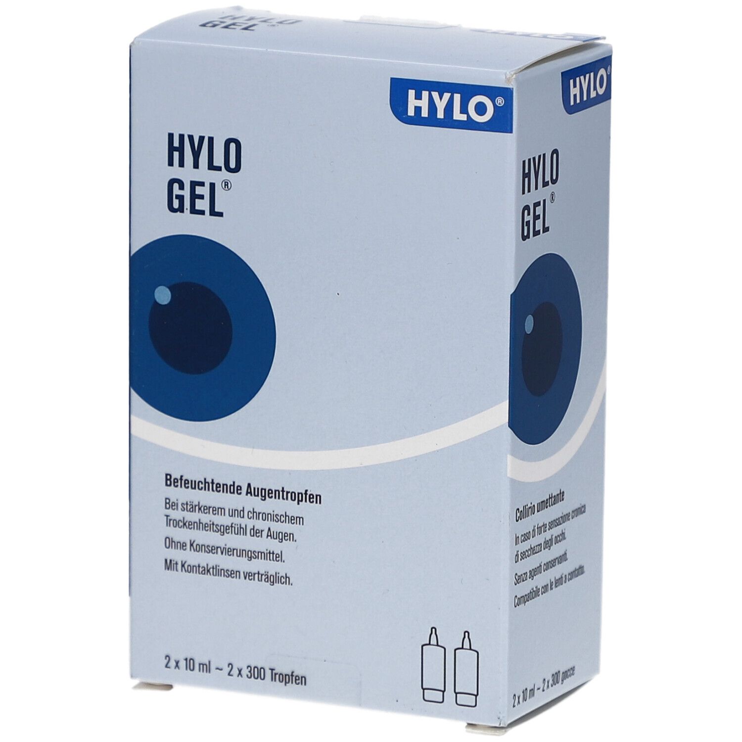 Weiße Schachtel mit HYLO GEL-Logo und Augendarstellung. Enthält 2 Fläschchen. Text: Befeuchtende Augentropfen.