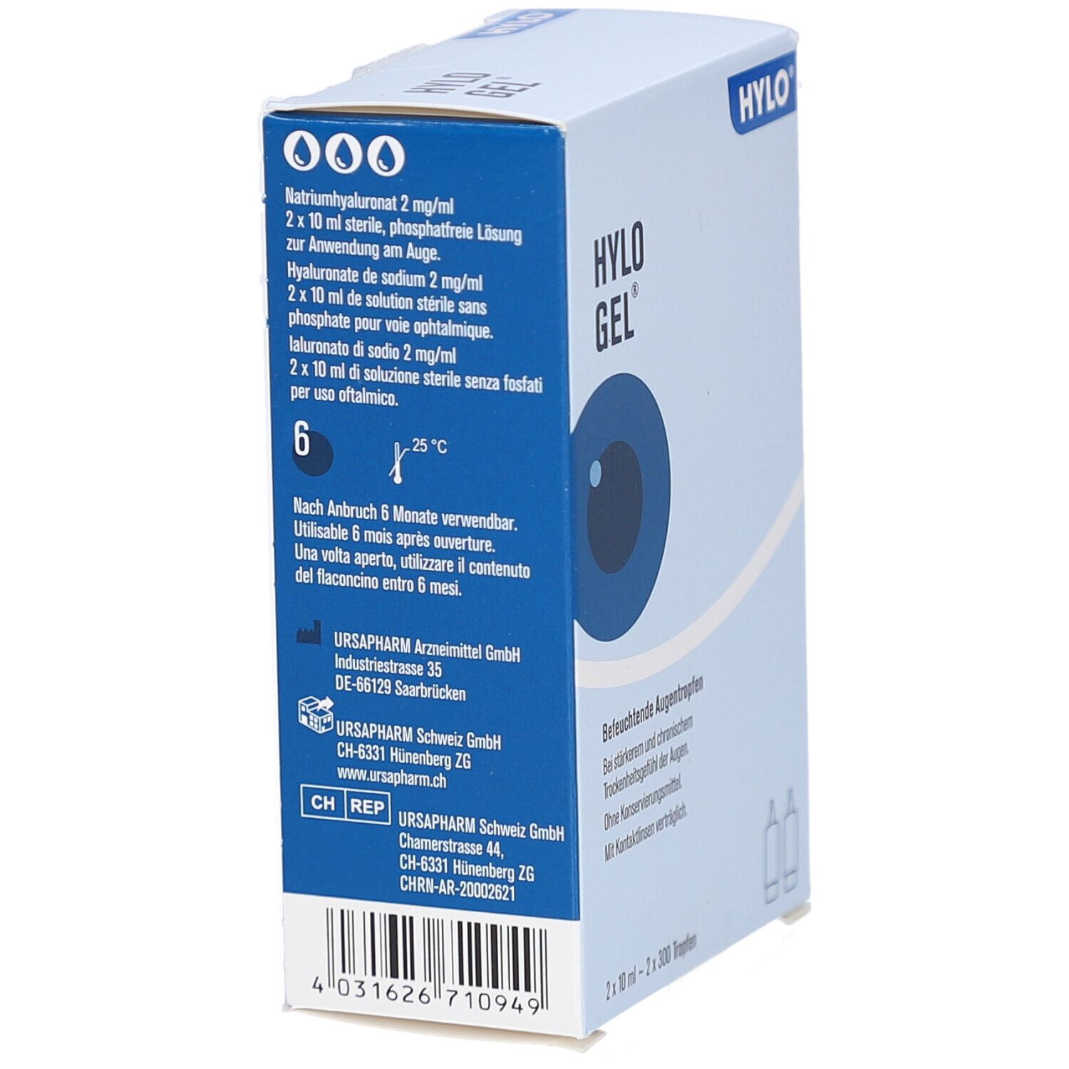 Schachtel mit HYLO GEL-Logo und Augendarstellung. Rückseite mit Inhaltsangaben und Herstellerinformationen.