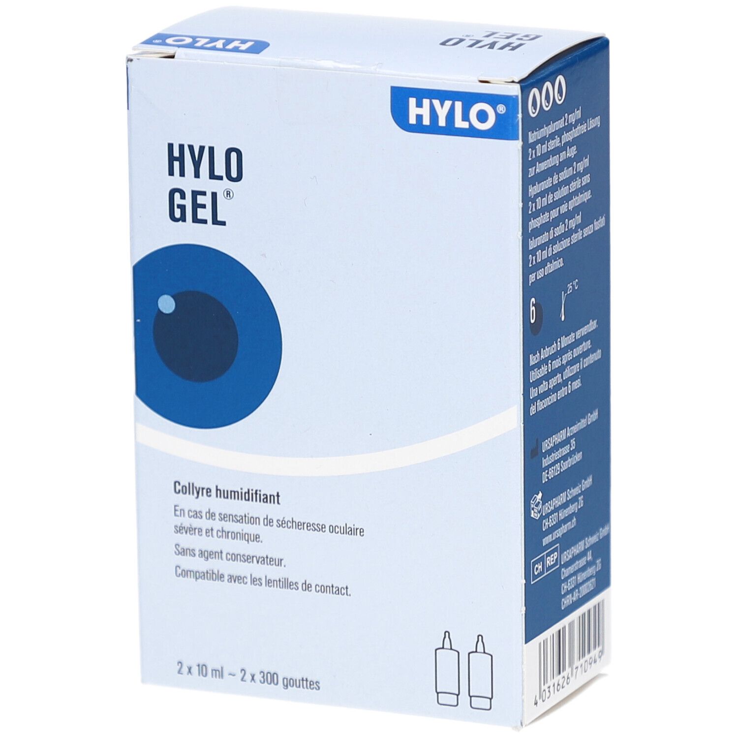 Schachtel mit HYLO GEL-Logo und Augendarstellung. Text: Collyre humifant. Enthält 2 Fläschchen.