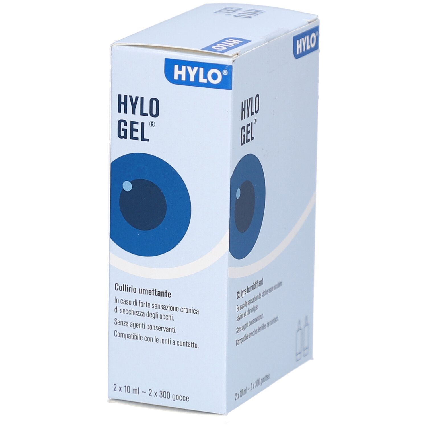 Schachtel mit HYLO GEL-Logo und Augendarstellung. Text: Collyre humifant. Enthält 2 Fläschchen.