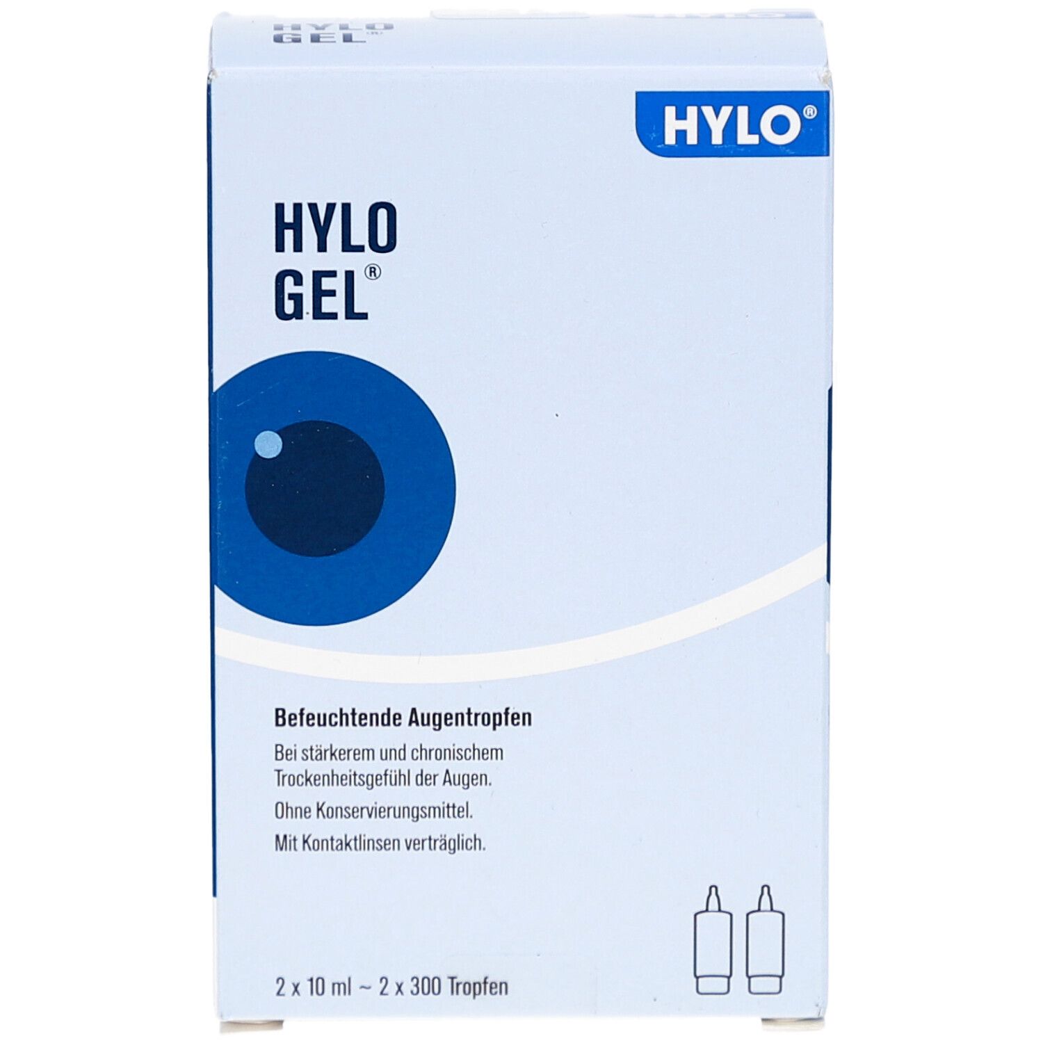 Weiße Schachtel mit HYLO GEL-Logo und Augendarstellung. Text: Befeuchtende Augentropfen. 2 Fläschchen.