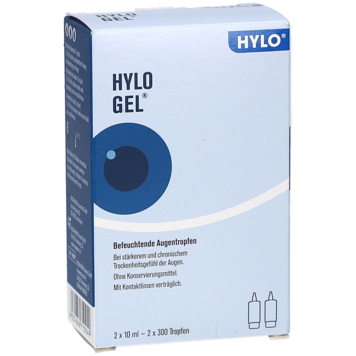 Weiße Schachtel mit HYLO GEL-Logo und Augendarstellung. Text: Befeuchtende Augentropfen. 2 Fläschchen.
