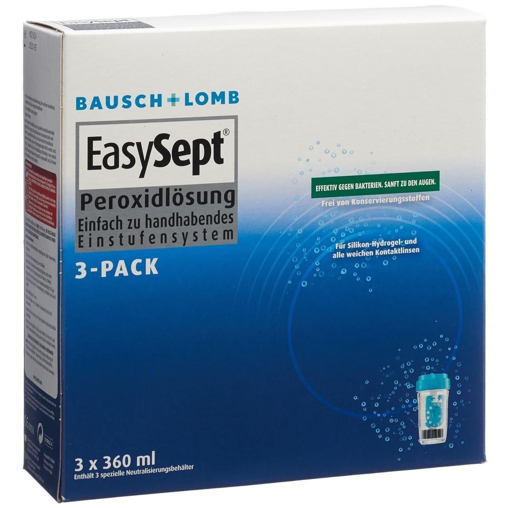 Bausch + Lomb EasySept Peroxidlösung 3-Pack. Enthält 3 x 360 ml neutralisierende Behälter.