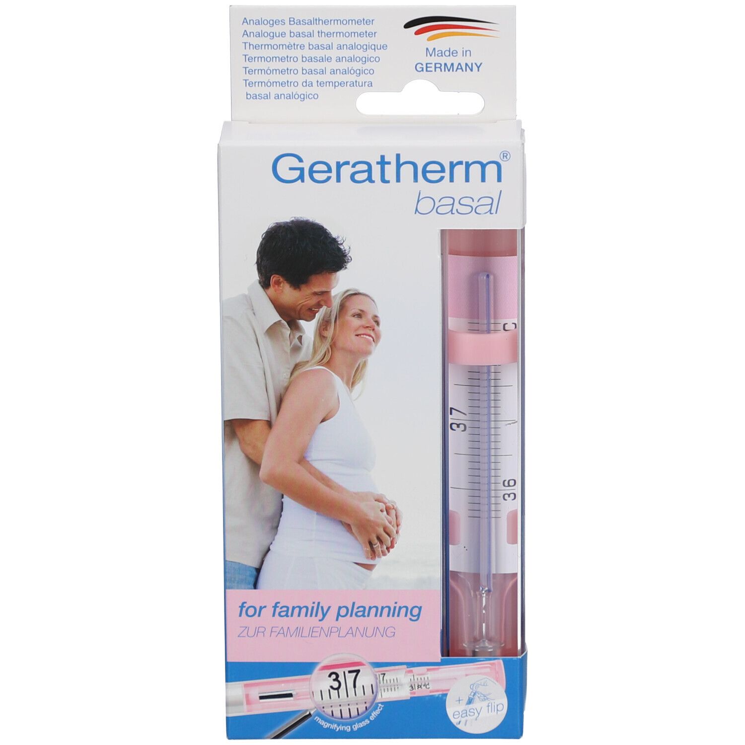 Verpackung mit Geratherm basal. Analoges Basalthermometer. Rosa Thermometer in transparenter Hülle. Paar vor weißem Hintergrund.