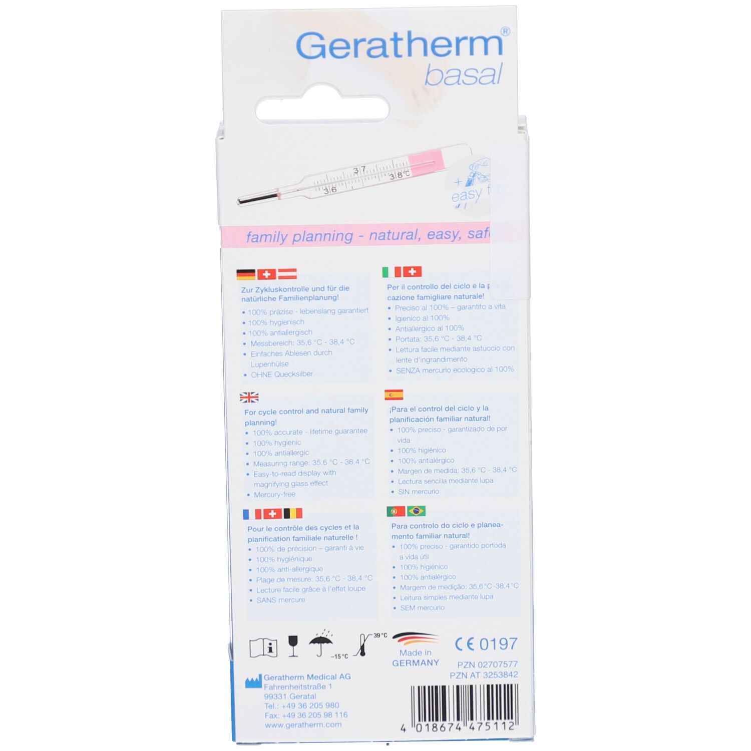 Rückseite der Verpackung von Geratherm basal. Text in mehreren Sprachen. CE-Kennzeichnung. Hergestellt in Deutschland.