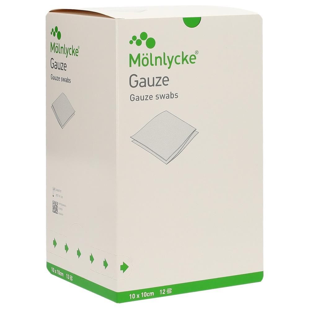 Boîte en carton blanche avec logo vert et nom du produit. Inscription : Mölnlycke Gauze, 10x10cm, 12 pièces.