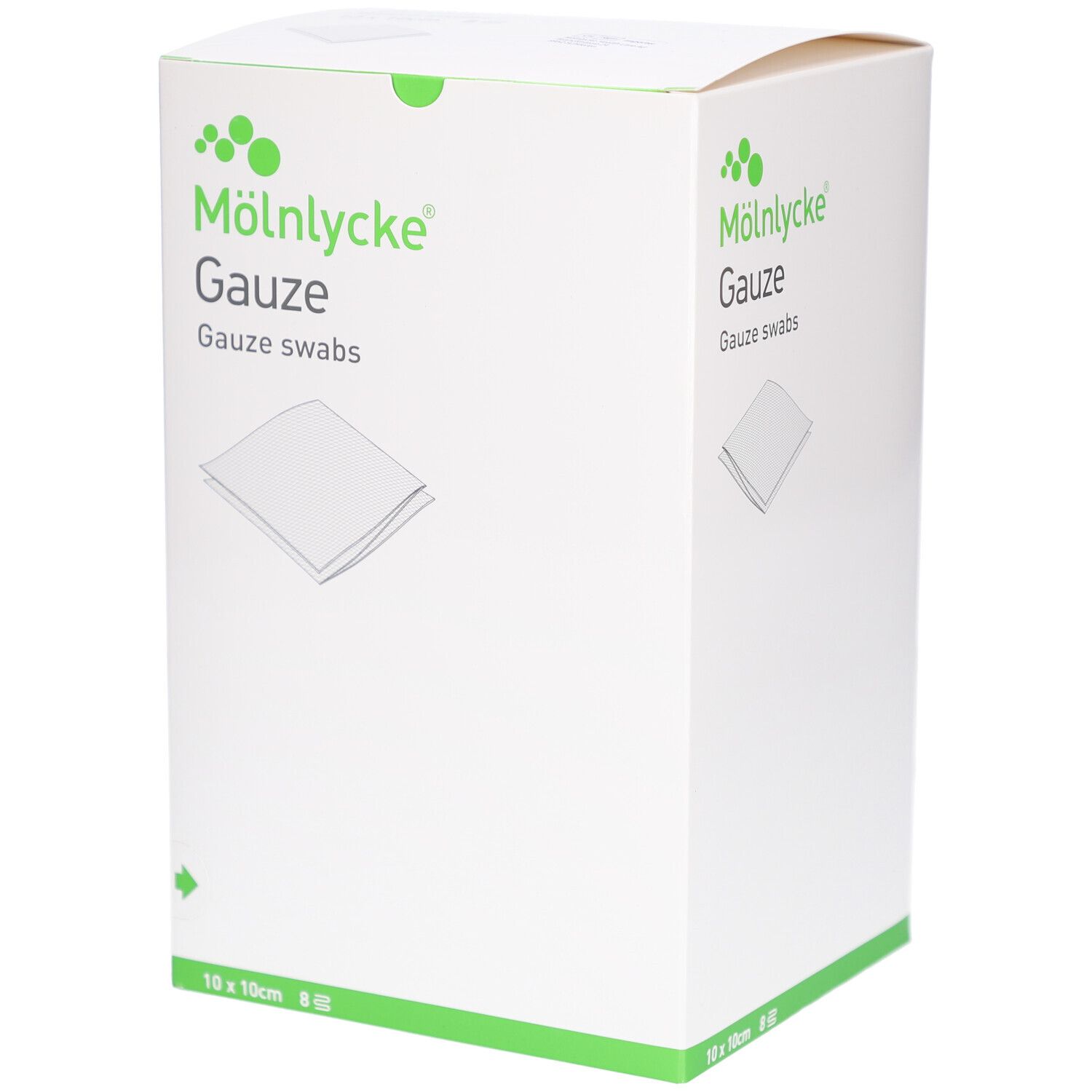 Weiße Kartonverpackung mit M
ölnycke Gauze. Aufdruck: 10x10cm, 8-fach. Grüne Logos und Schriftzug.