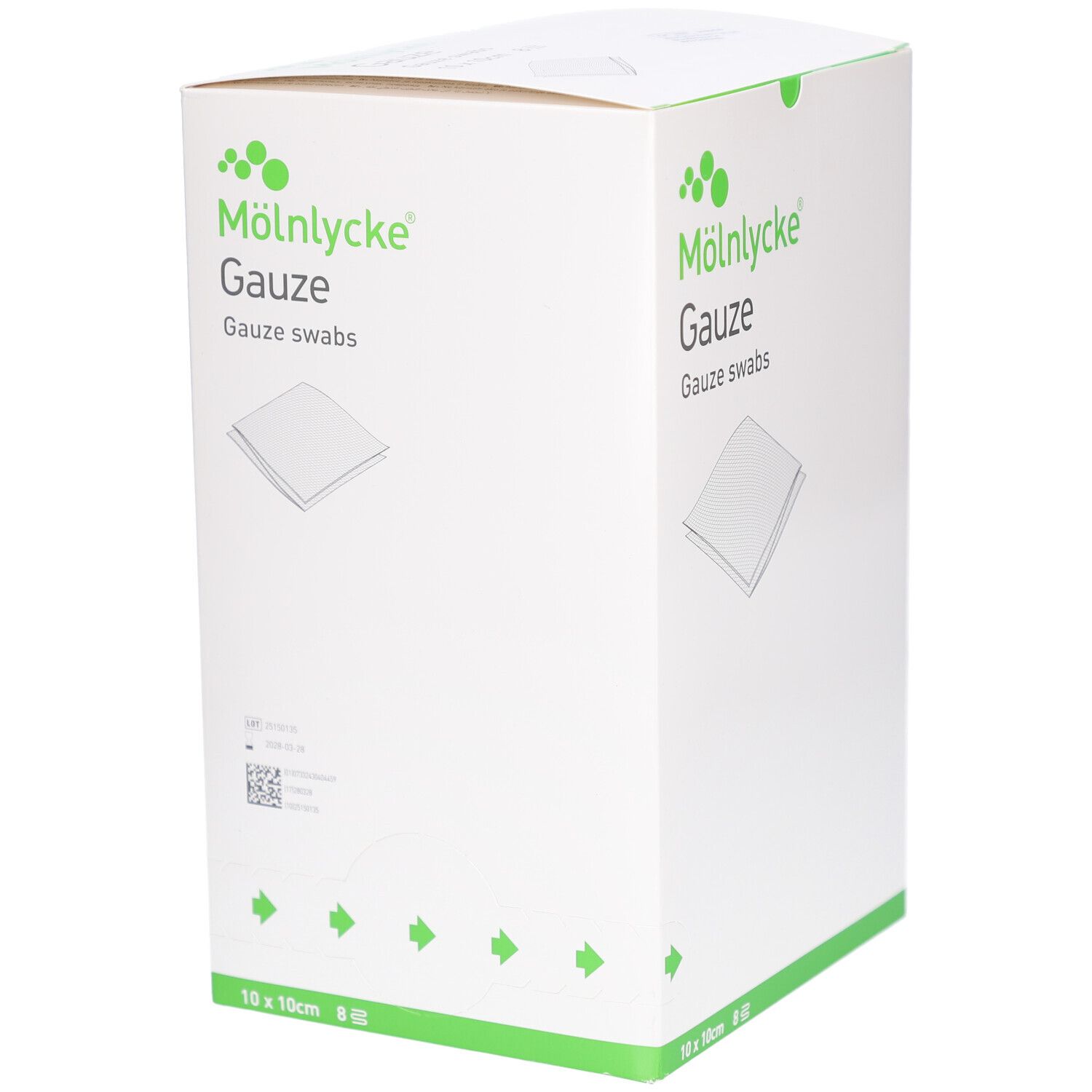 Weiße Kartonverpackung mit M
ölnycke Gauze. Aufdruck: 10x10cm. Grüne Logos und Schriftzug. QR-Code.