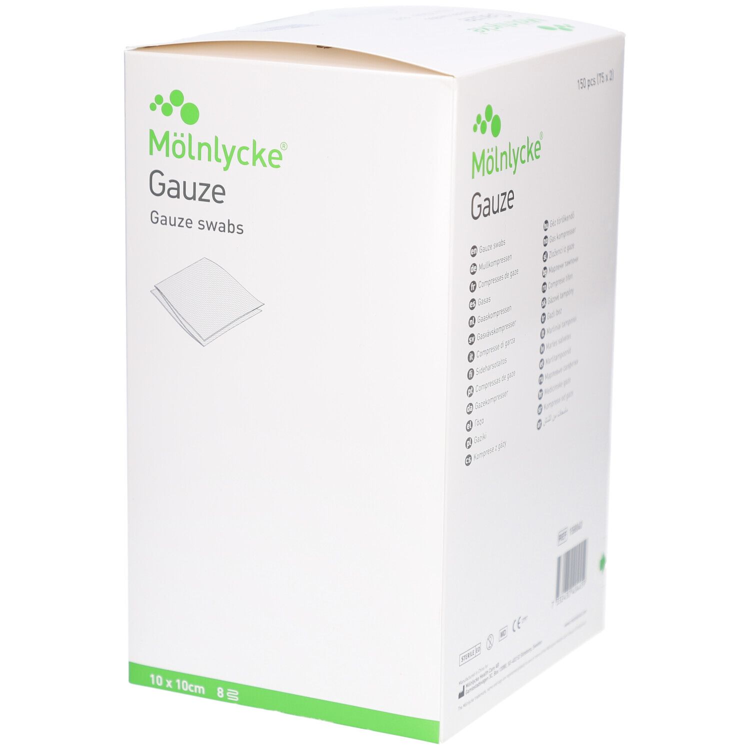 Weiße Kartonverpackung mit M
ölnycke Gauze. Aufdruck: 10x10cm. Grüne Logos und Schriftzug. Produktliste.