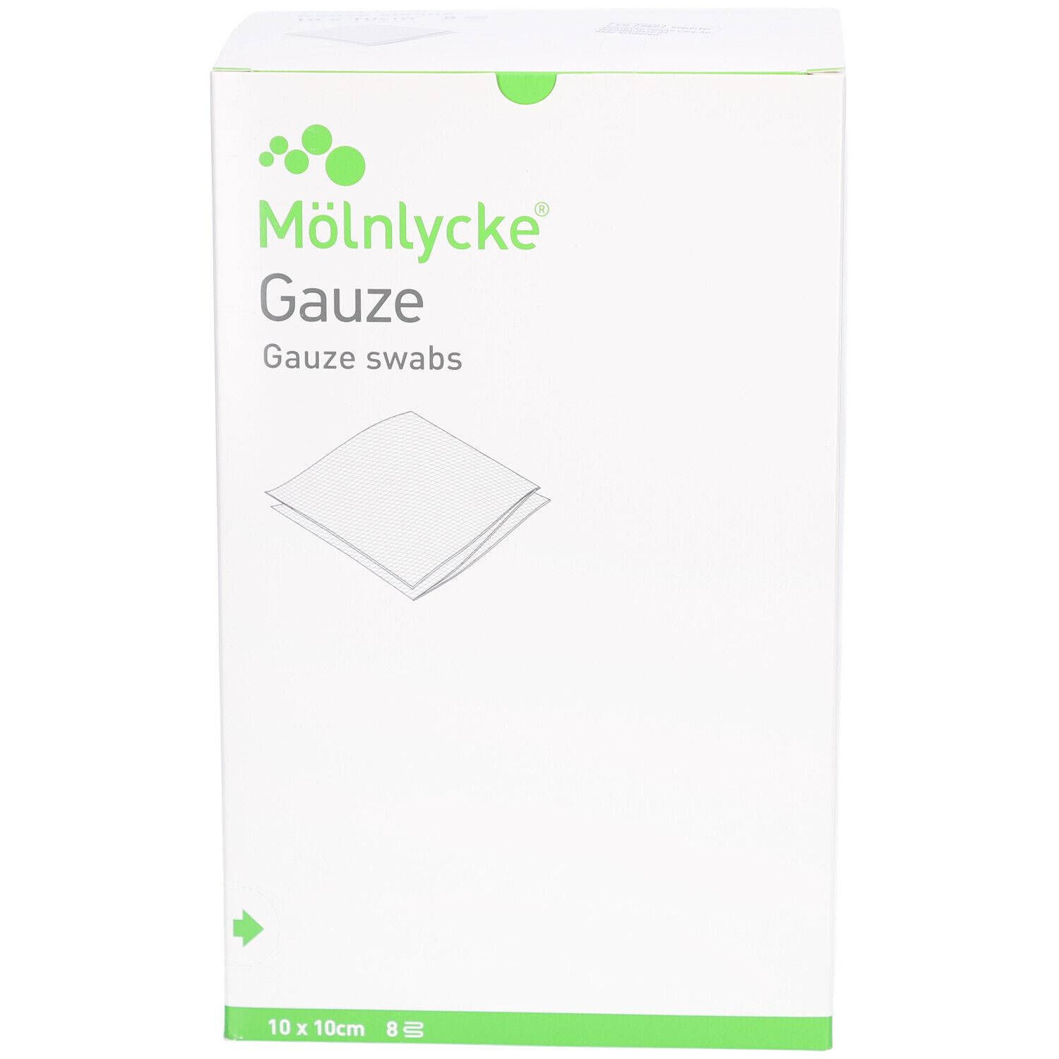 Weiße Kartonverpackung mit M
ölnycke Gauze. Aufdruck: 10x10cm, 8-fach. Grüne Logos und Schriftzug.