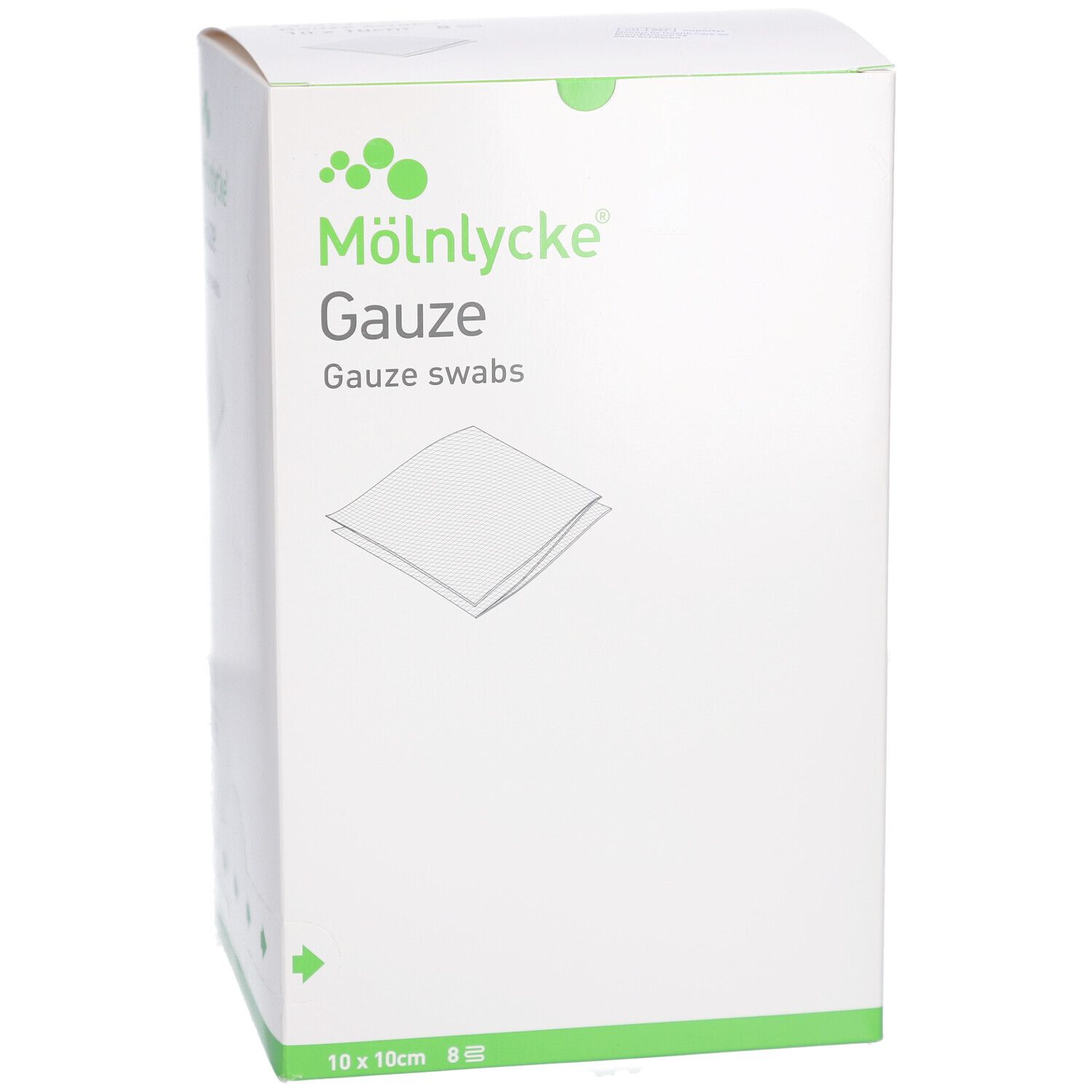 Weiße Kartonverpackung mit M
ölnycke Gauze. Aufdruck: 10x10cm, 8-fach. Grüne Logos und Schriftzug.
