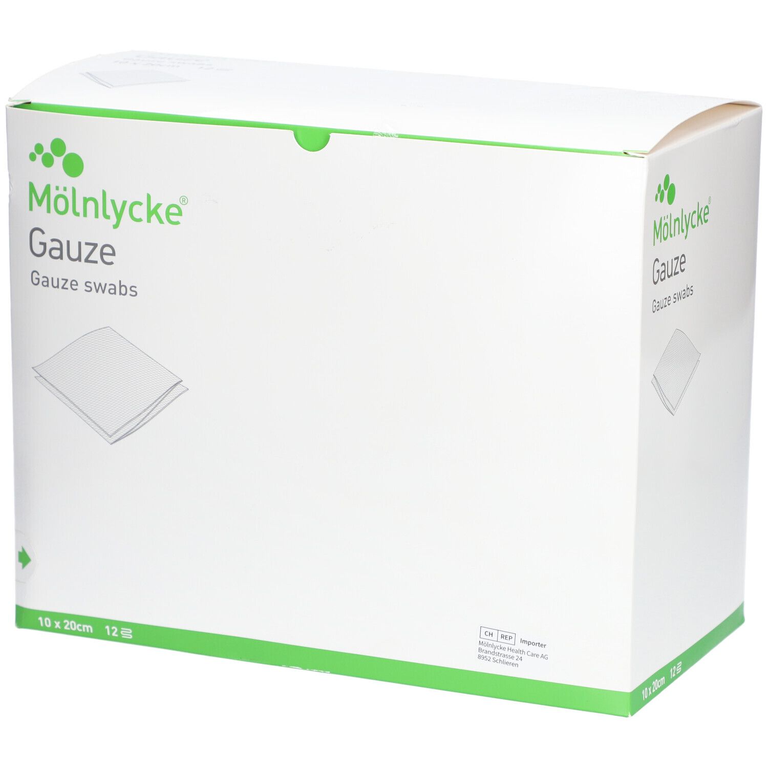 Boîte blanche. Inscription: MÖLNLYCKE® Gauze, 10x20cm, 12 pièces. Illustration d'une compresse.