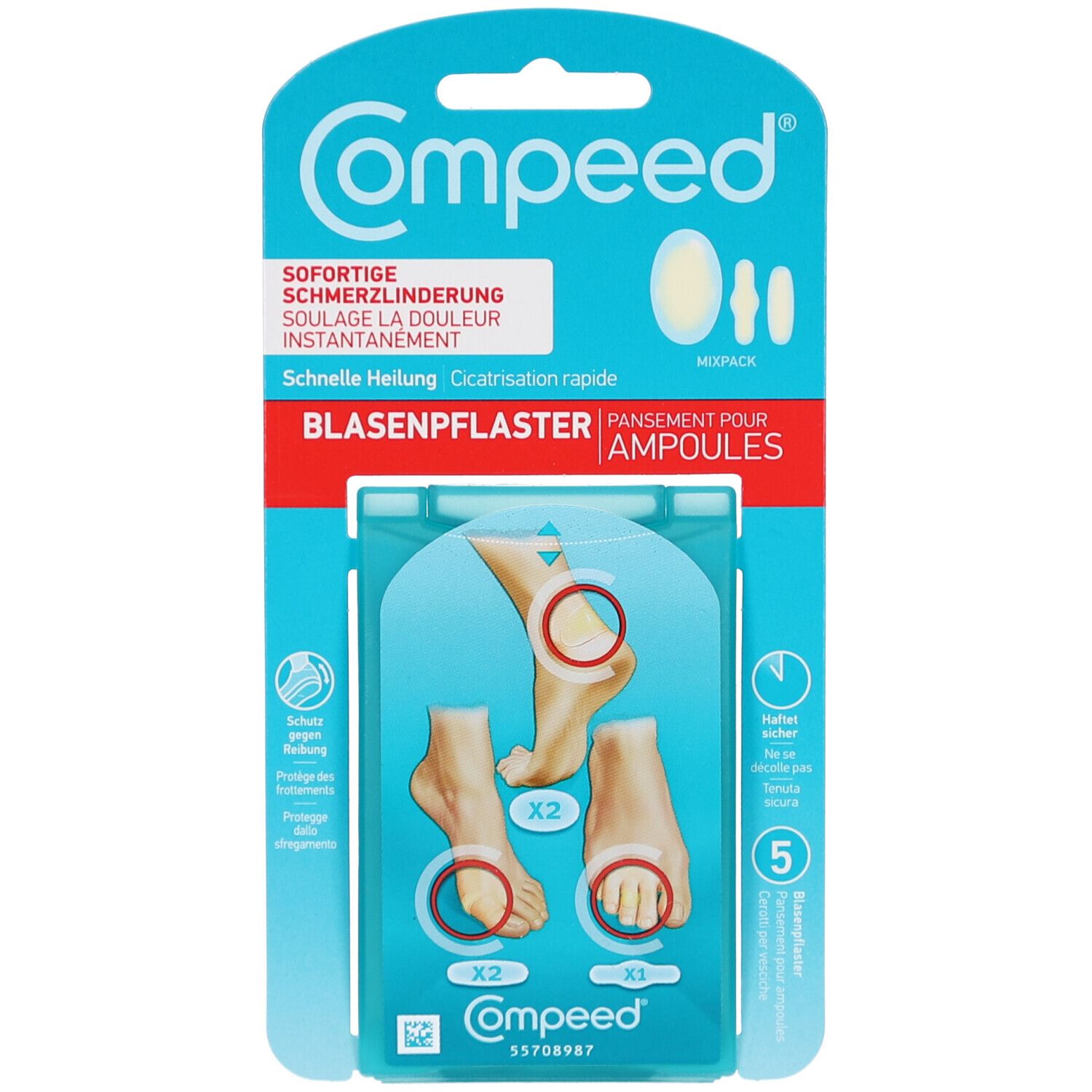 Mixpack de pansements pour ampoules. Emballage avec pansements de différentes tailles. Logo de la marque visible.