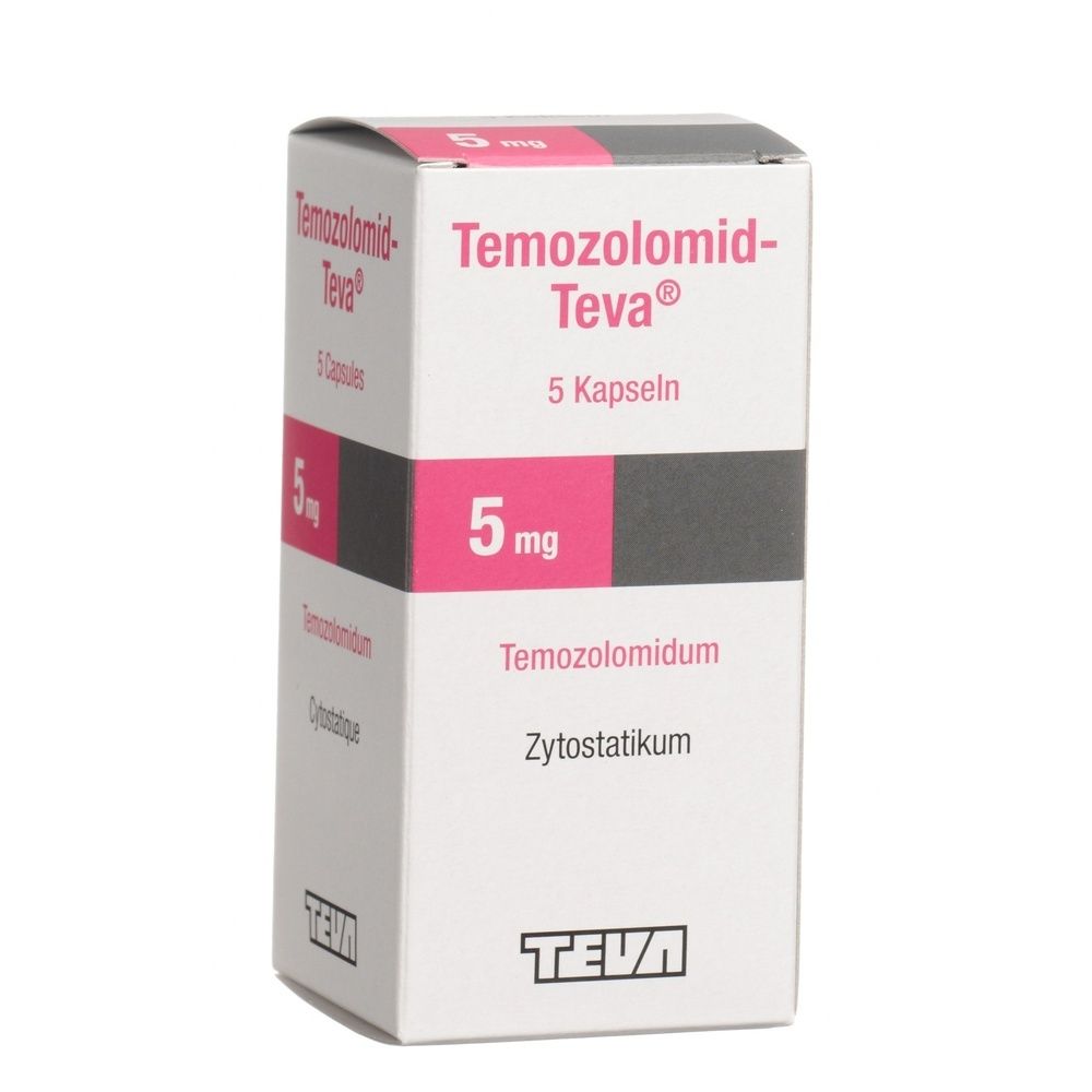 Boîte TEMOZOLOMID Teva Kaps 5 mg. Emballage rose et blanc. Texte : 5 mg, Fl 5 Stk.