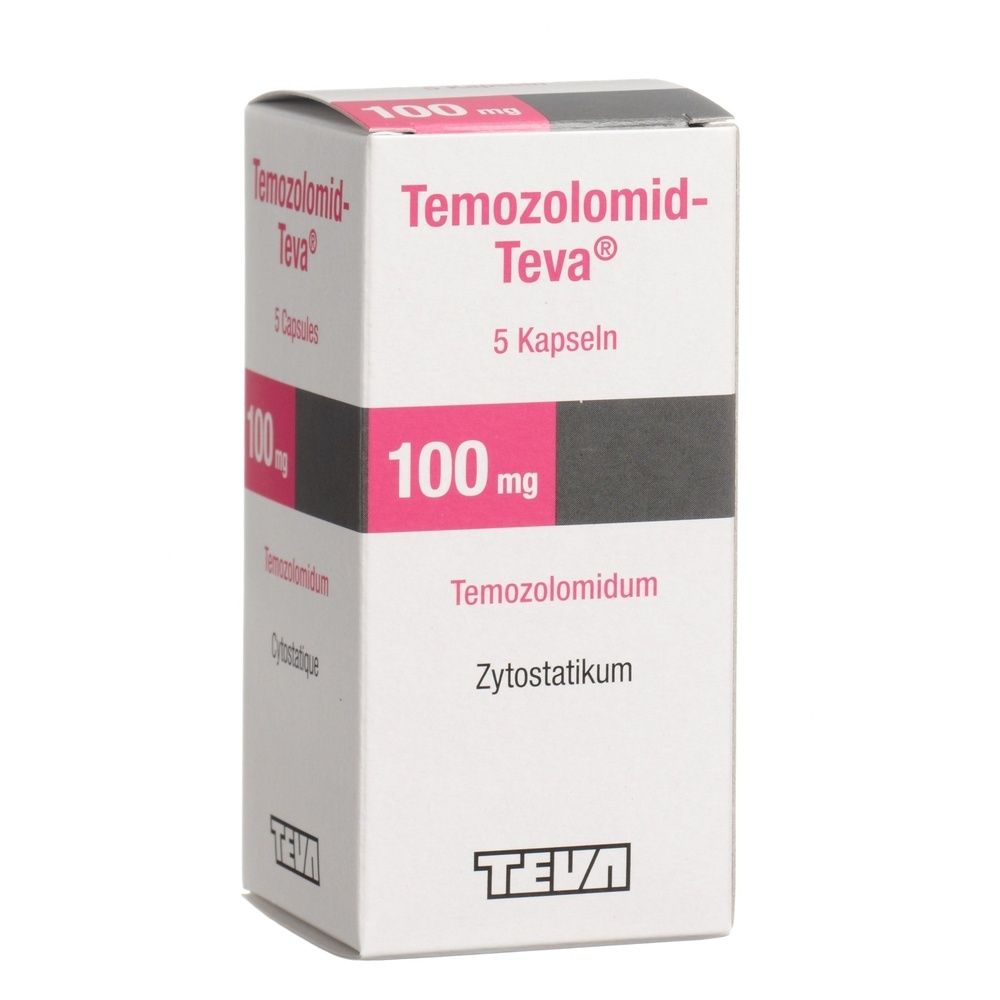 Boîte de Temozolomide Teva, 100 mg. Emballage rose et blanc. Petit et rectangulaire.