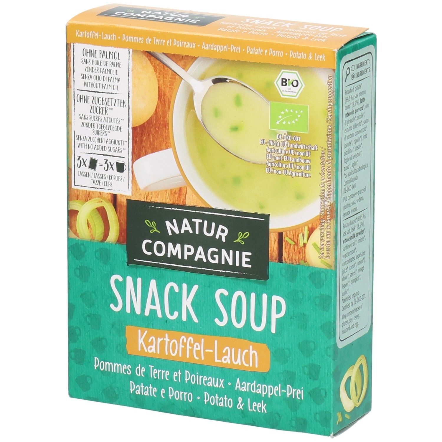 Kartonverpackung Natur Compagnie Snack Soup. Kartoffel-Lauch. Bio-Siegel. Ohne Palmöl. Abbildung einer Suppe mit Löffel. Zutaten und Zubereitungshinweise.