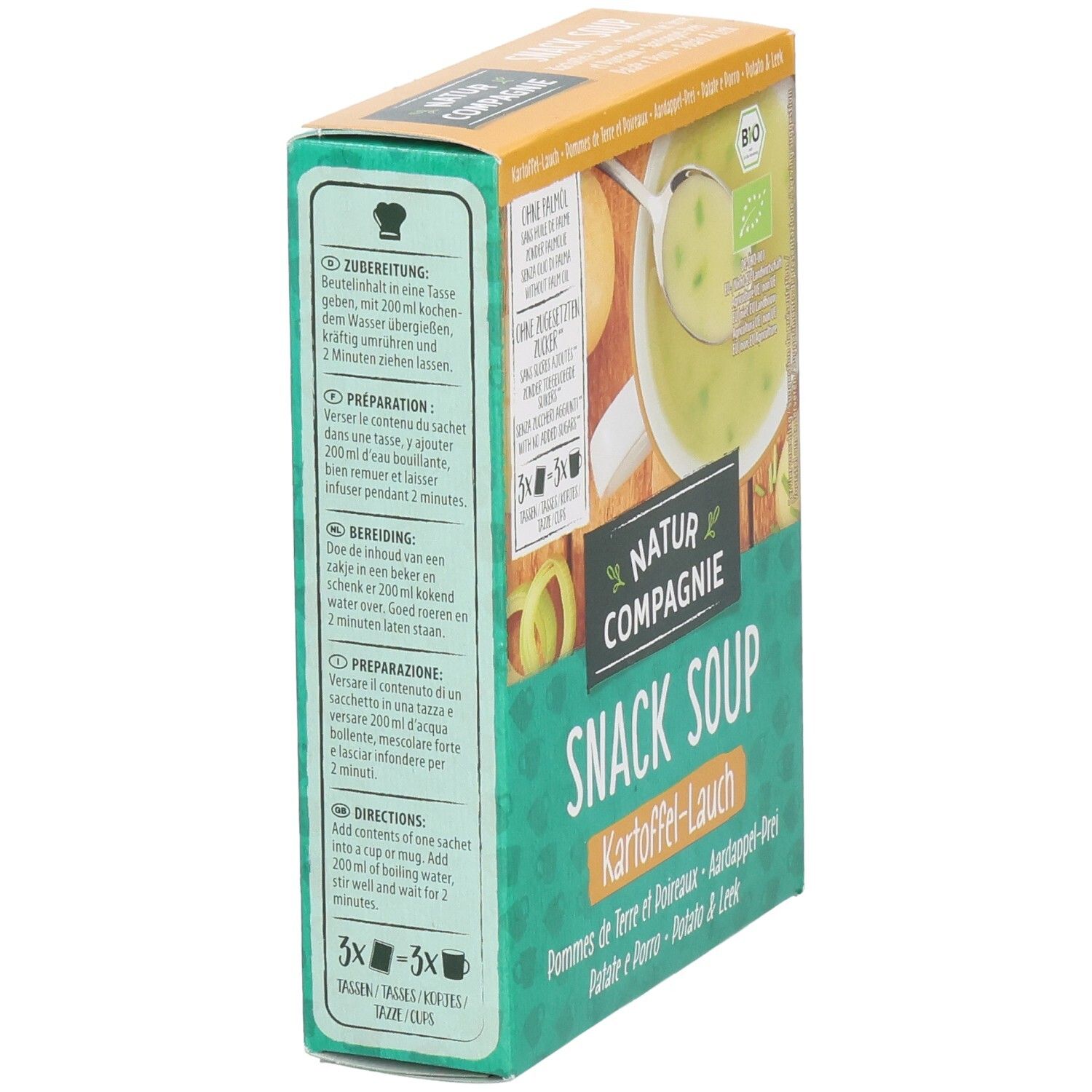 Kartonverpackung Natur Compagnie Snack Soup. Kartoffel-Lauch. Zubereitungshinweise in mehreren Sprachen. Bio-Siegel. 3x Portionen.