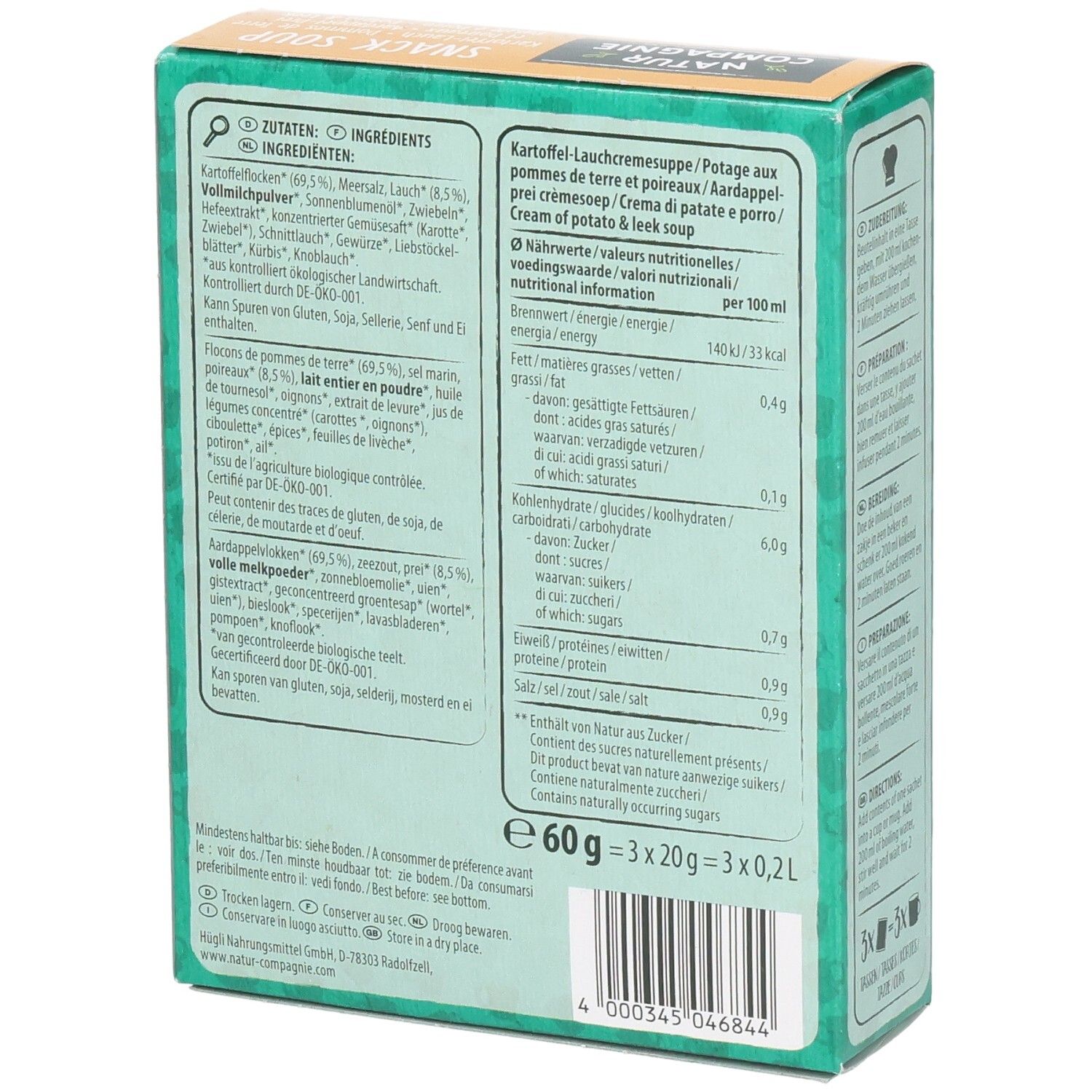 Rückseite der Kartonverpackung Natur Compagnie Snack Soup. Zutatenliste, Nährwertangaben. Bio-Siegel. 3x Portionen.