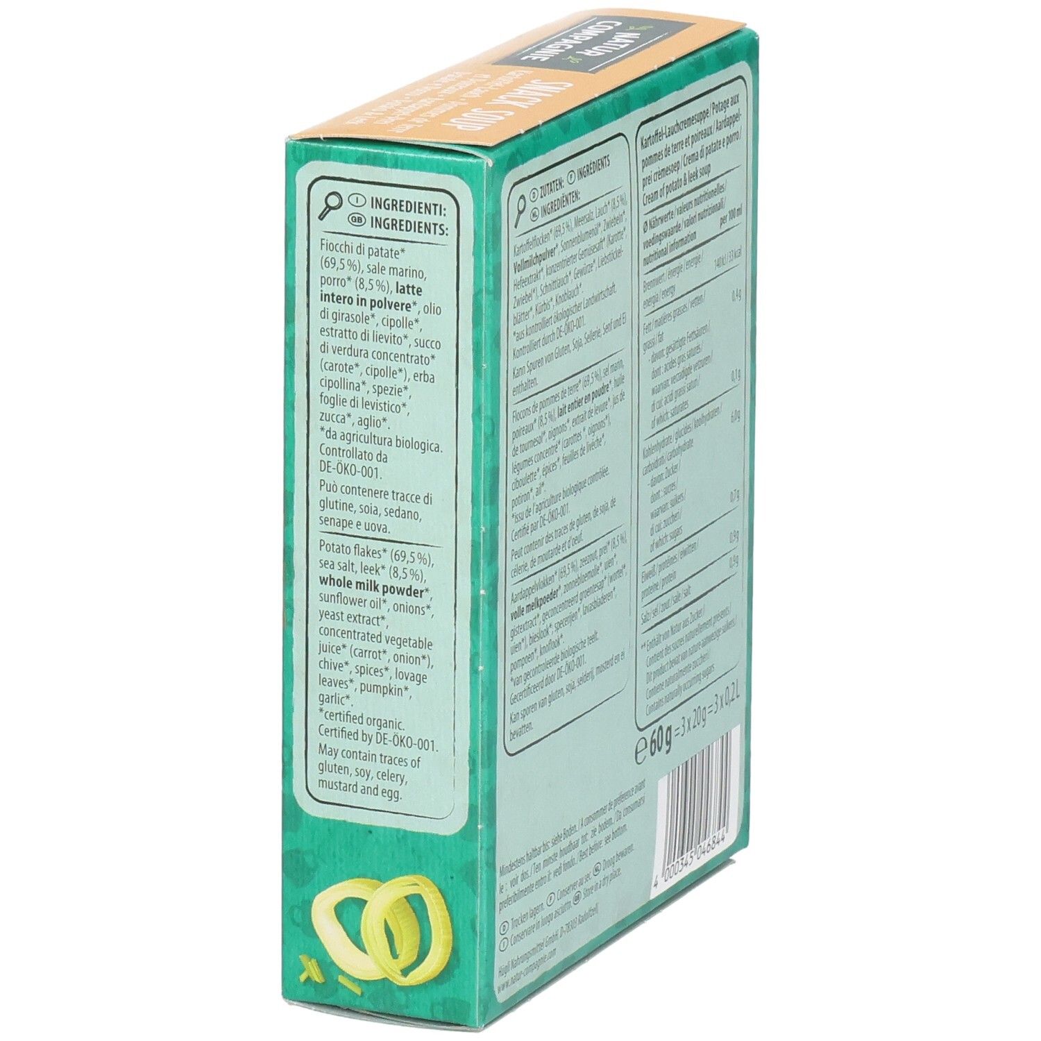 Rückseite der Kartonverpackung Natur Compagnie Snack Soup. Zutatenliste in mehreren Sprachen. Bio-Siegel. 3x Portionen.